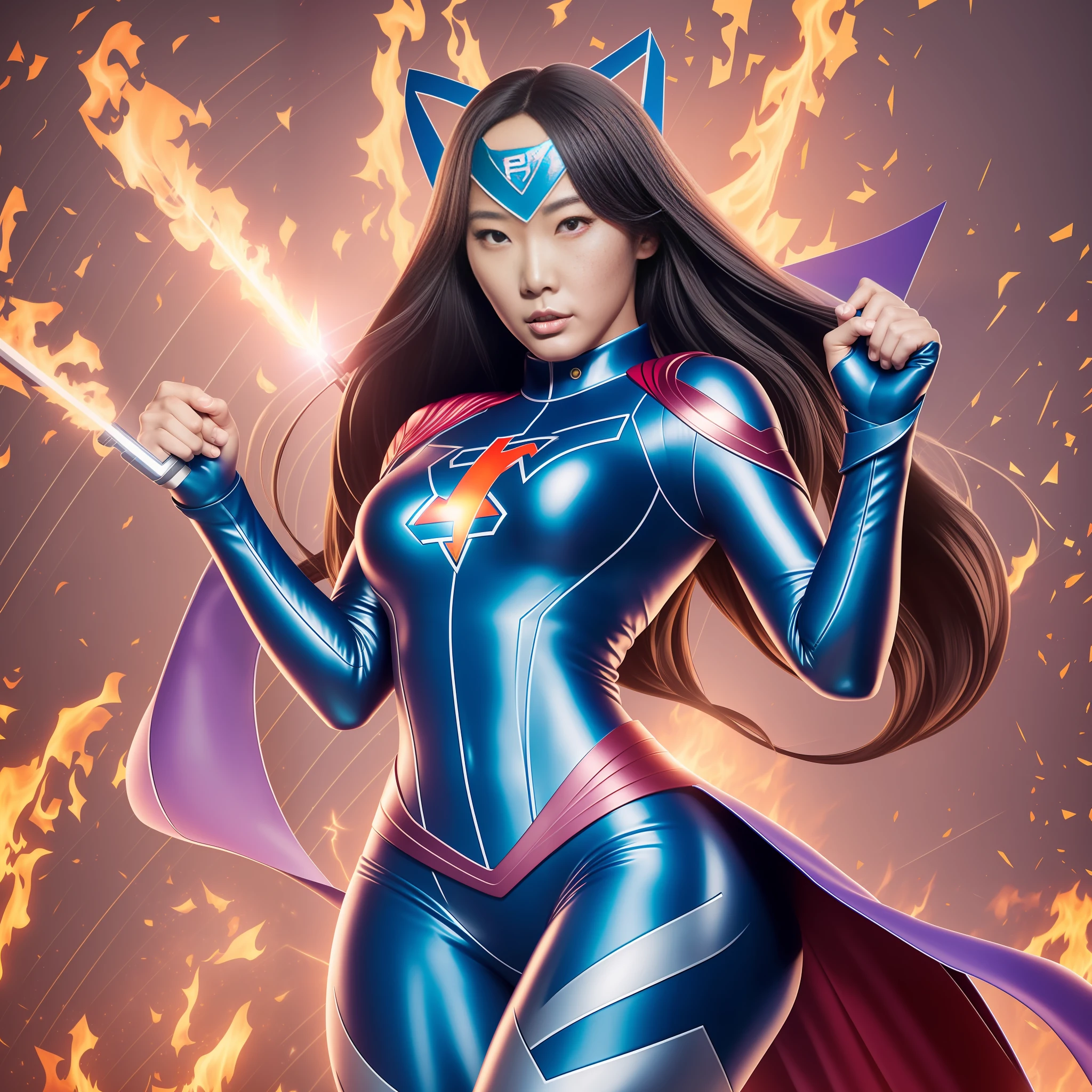 Superheroine Kim Tae-yeon，The whole body shines with the light of justice，Wearing a nuclear logo tight-suit，Holding the weapon of a hundred steels in his hand，Calmly and boldly repel the attacks of criminals。Her posture is unique，The gaze is resolute and charming，Burning with endless fighting spirit！ full entire body