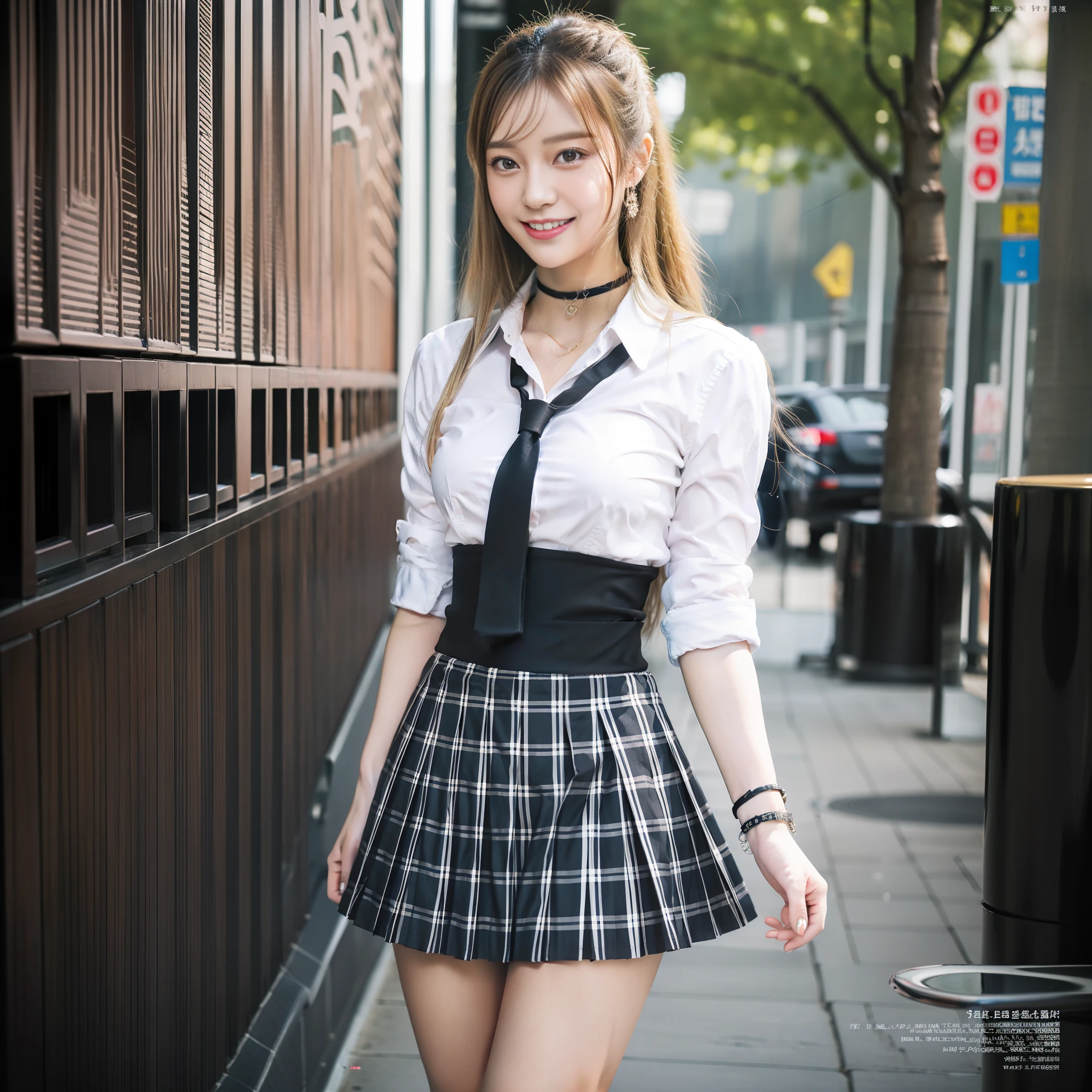 masterpiece, best quality, full body, 1girl, bangs, black choker, black necktie, blonde hair, blue skirt, blush, bracelet, breasts, choker, clothes around waist, collarbone, collared shirt, cowboy shot, dress shirt, ear piercing, eyebrows visible through hair, gradient hair, grin, gyaru, jewelry, kogal, long hair, looking at viewer, loose necktie, necktie, piercing, plaid, plaid skirt, pleated skirt, red eyes, ring, school uniform, shirt, skirt, smile, solo, white shirt, street, sky, cherry blossoms, petals,illustration, (magazine:1.3), (cover-style:1.3), fashionable, woman, vibrant, outfit, posing, front, colorful, dynamic, background, elements, confident, expression, holding, statement, accessory, majestic, coiled, around, touch, scene, text, cover, bold, attention-grabbing, title, stylish, font, catchy, headline, larger, striking, modern, trendy, focus, fashion,