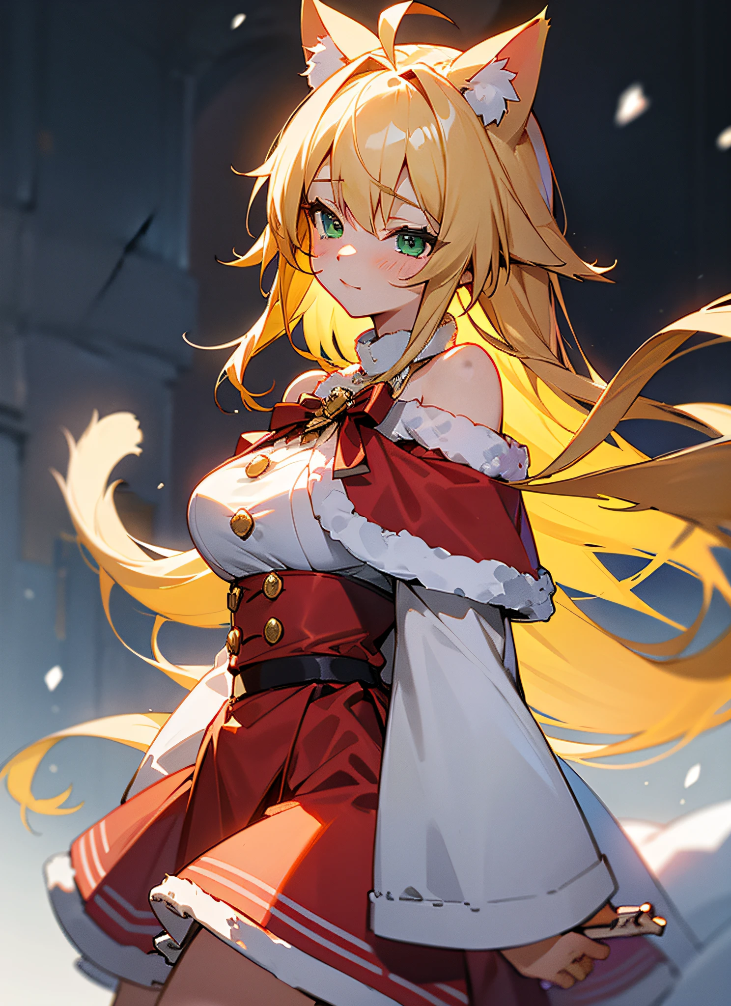 Masterpieces,maximum quality, illustrations,Beautiful Detail Girl,Beautiful detail glow, Cutes, {{{{girl 1 person}}}}, solo, blonde hair, long hairs, Green eyes, tareme, Ahoge, Feline ears, {{{{Cat tail, }}}}, big breasts, the hime cut, Blush,{{{Santa Claus}}}, red clothes, off shoulder, {{White breath}}, The snow, Mini skirt