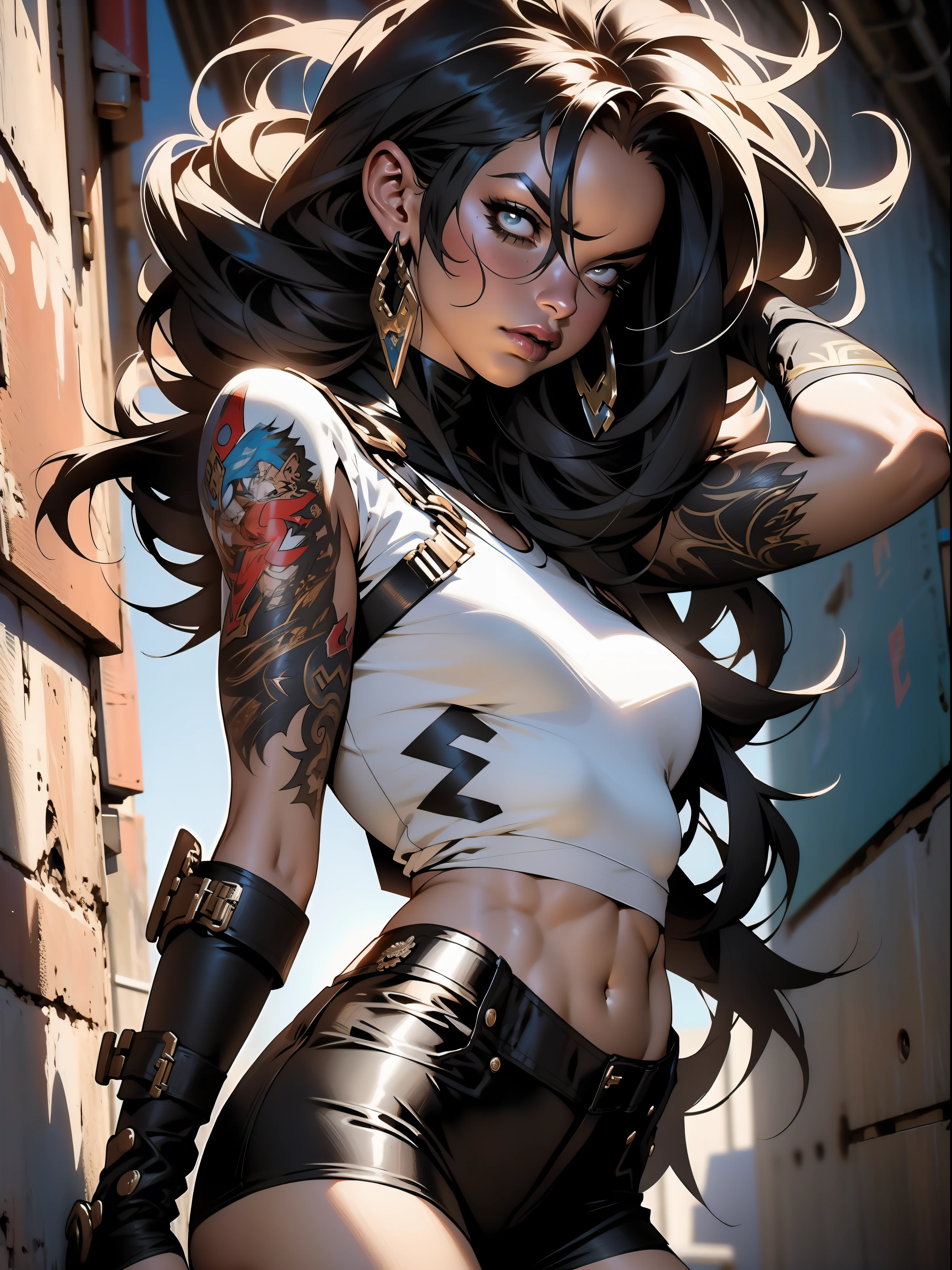 Uma guerreira mulher de 35 anos musculosa quase nua no estilo Simon Bisley para a capa da revista Heavy Metal, cabelo metade preto metade branco, Minimum clothing, Roupas curtas,