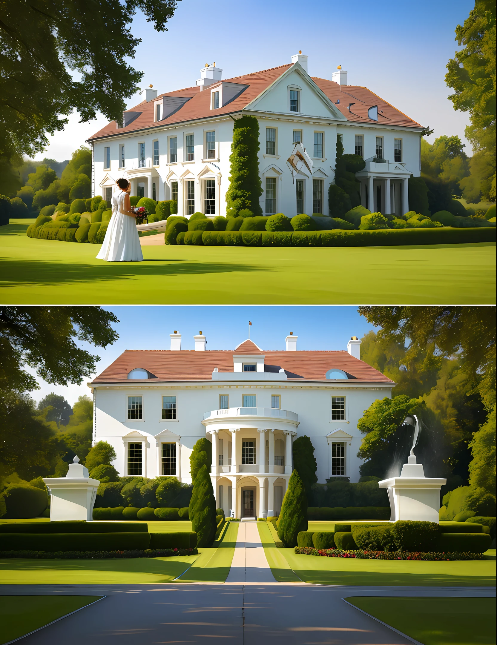 A beautiful white house in the countryside. There is a lovely woman in front of the house. She sit on grass ( wearing beautiful dress). High quality ( realistic face). Red and white roses. Real human.