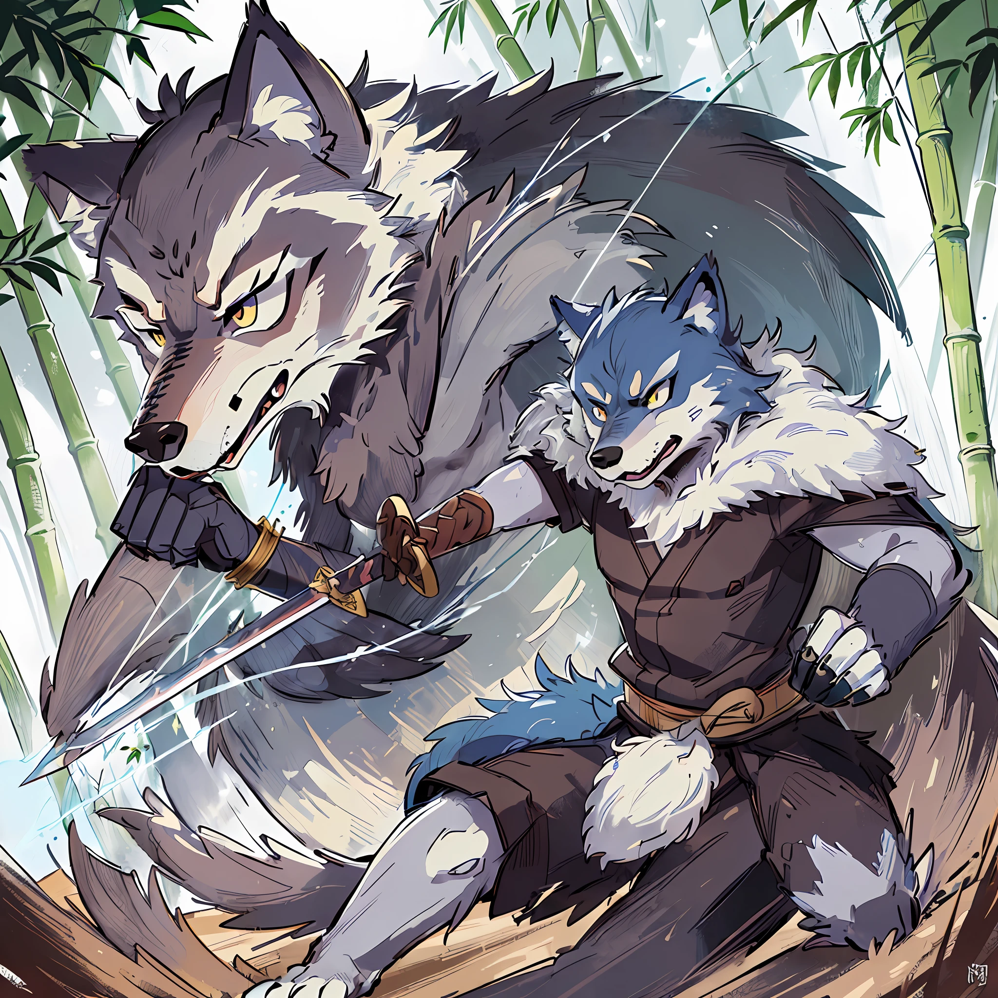 Top quality ultra-fine illustrations, movie poster, Zatoichi, Blind Swordsman, tarot card(bamboo forest, dark night with beautiful full moon, rays of light through bamboo, backlighting)(beautiful face and eyes with great detail)absurdres perfect anatomy((Beastman))(furry, solo focus, Japanese kimono, samurai, sword with blue flames, battle duels)(furry anthro:1.7)(((furry body, wolf facial features, wolf body features)))(((wolf muzzle highly detailed fur)))full body, sturdy look, shouting, combat regime, dash (dynamic pose),