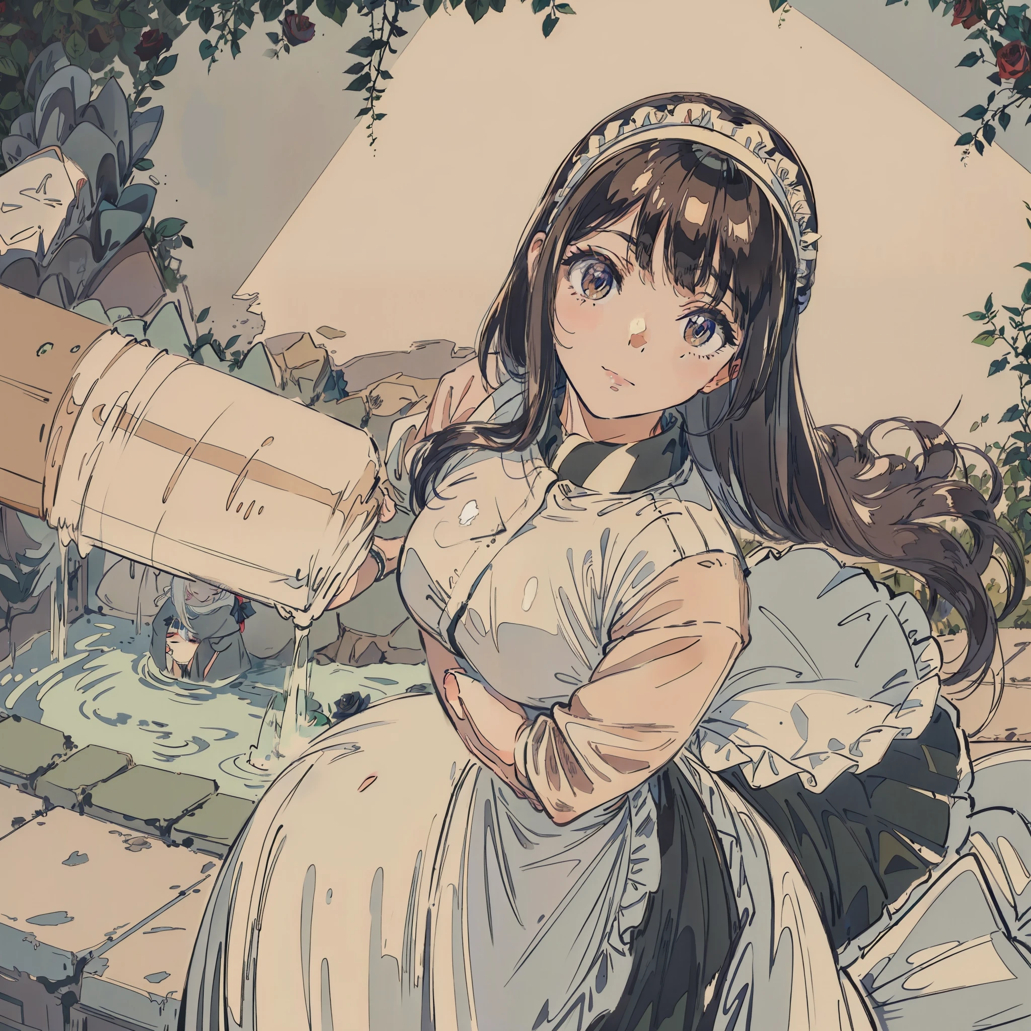Black maid clothes、Rose Garden、watering、White headband、white gloves、white apron、Hose in hand