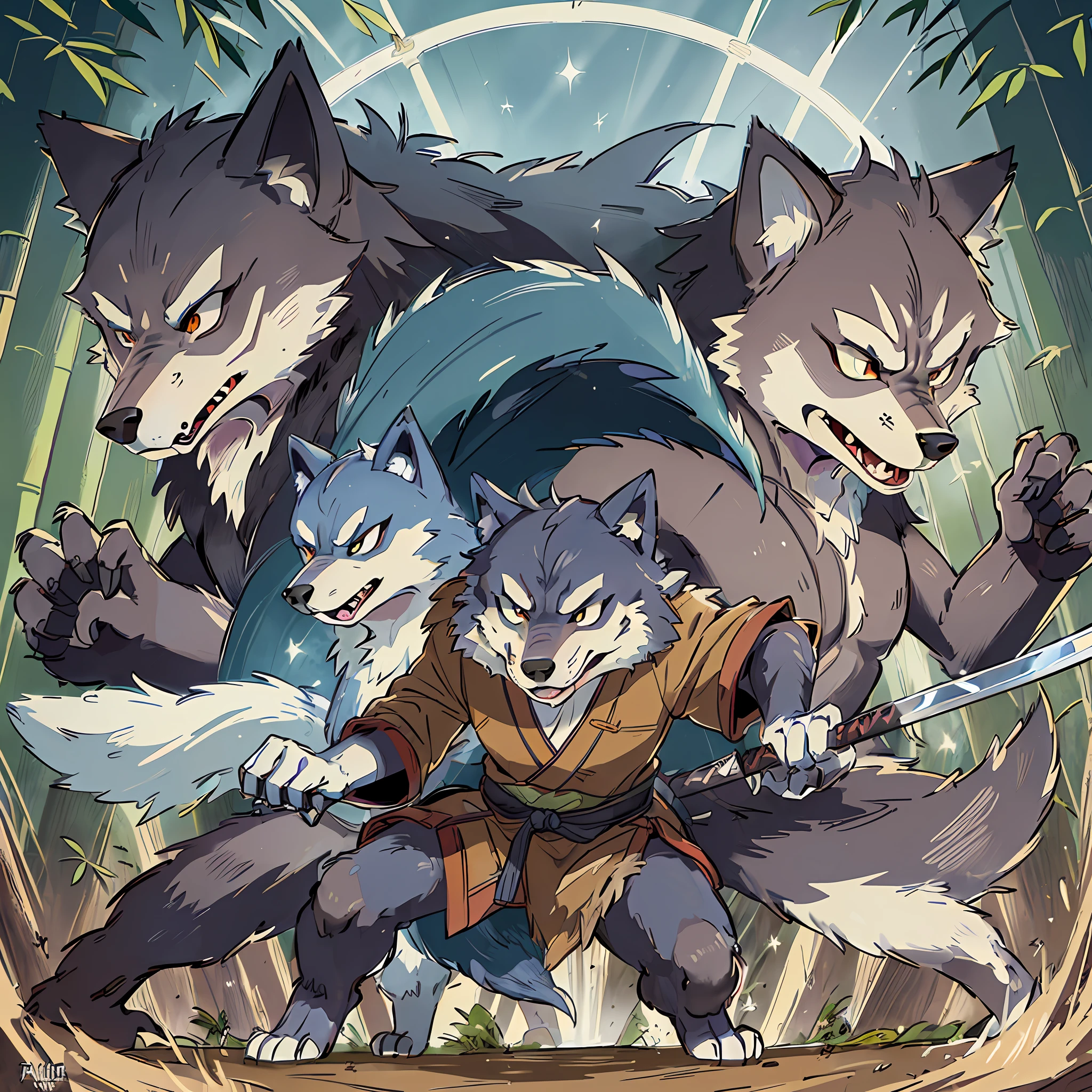 Top quality ultra-fine illustrations, movie poster, Zatoichi, Blind Swordsman, tarot card(bamboo forest, dark night with beautiful full moon, rays of light through bamboo, backlighting)(beautiful face and eyes with great detail)absurdres perfect anatomy((Beastman))(furry, solo focus, Japanese kimono, samurai, sword with blue flames, battle duels)(furry anthro:1.7)(((furry body, wolf facial features, wolf body features)))(((wolf muzzle highly detailed fur)))full body, sturdy look, shouting, combat regime, dash (dynamic pose),