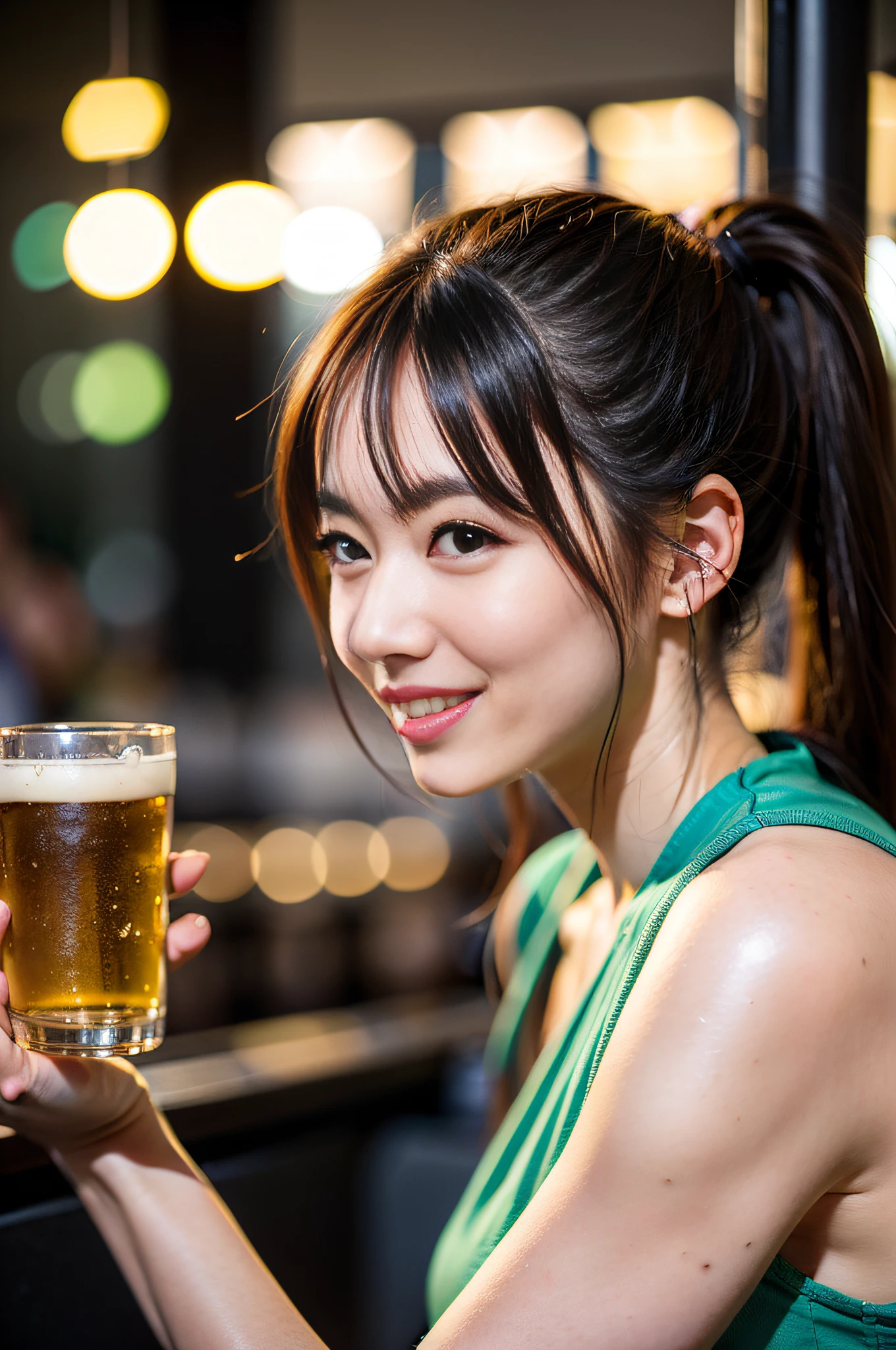 8k uhd,RAW photo, A cute Japanese woman drinking beer in a club and having fun, smile