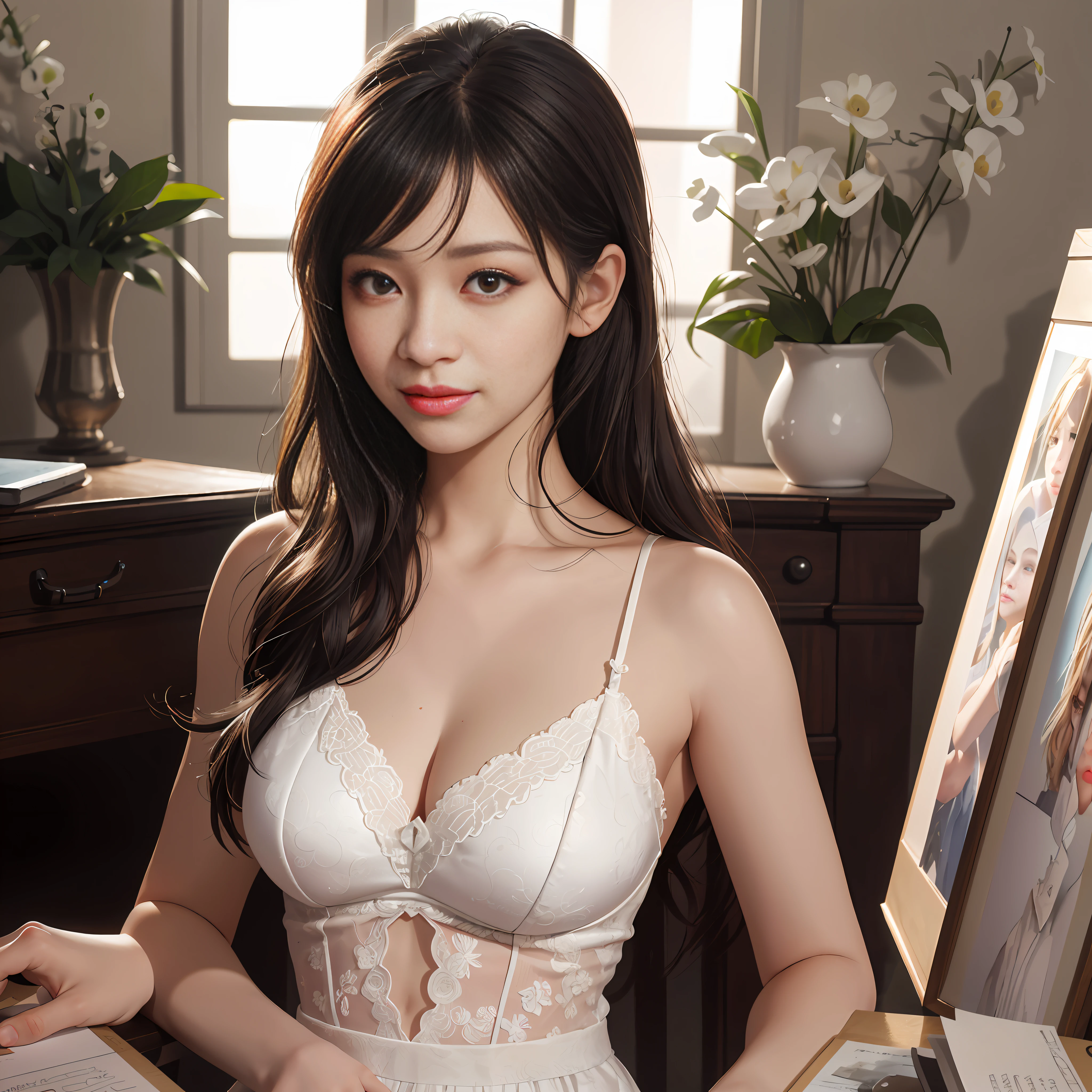 (lifelike、photorealistic:1.37)、(Masterpieces)、(maximum quality:1.4)、(ultrahighres:1.2)、(RAW photos:1.2)、(sharp focus:1.3)、(face focus:1.2)、elegantly、(full entire body:1.2)、maximum quality、Masterpieces、(Realism:1.2)、girl 1 person、Black hair、brown eye、front face、Detailed face、beautiful eye、White underwear、In the room、huge tits(1.5)、Smiling smile、Lots of lashes、Cutes、Cute、OL、