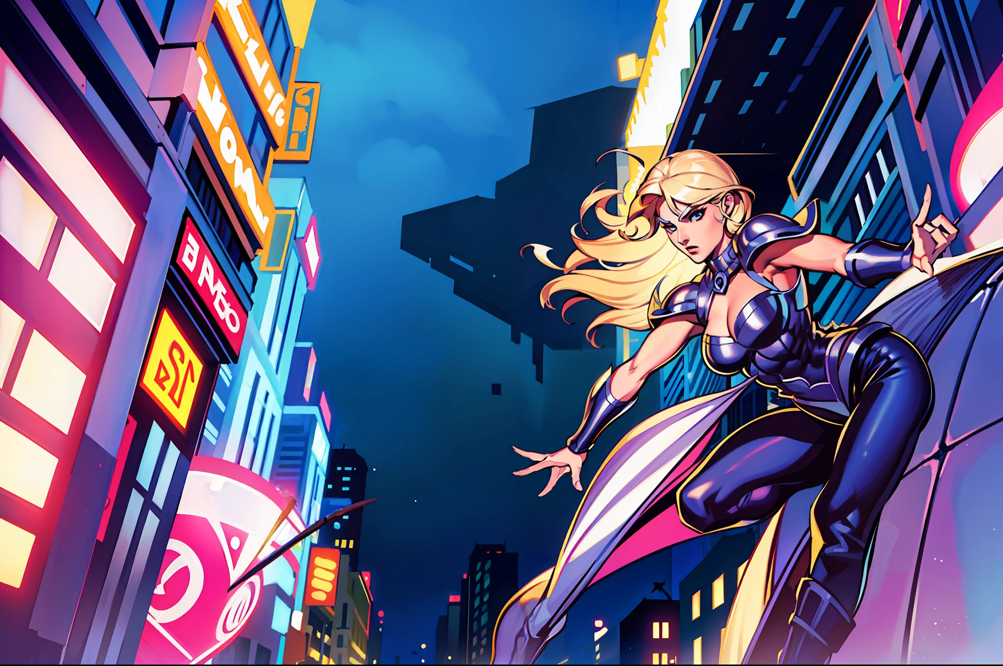 (a blonde heroine landing on a busy street:1 mulher nua.2), (alta qualidade, super detalhado, com a marca de Stan Lee, Jim Lee e Joe Bennet), Super Fantasias-Blue and white trademarked hero, (, um olhar destemido), (Quadrinhos de League of legends estilo),com um pano de fundo de cidade moderna, (ruas movimentadas, tall buildings, ).