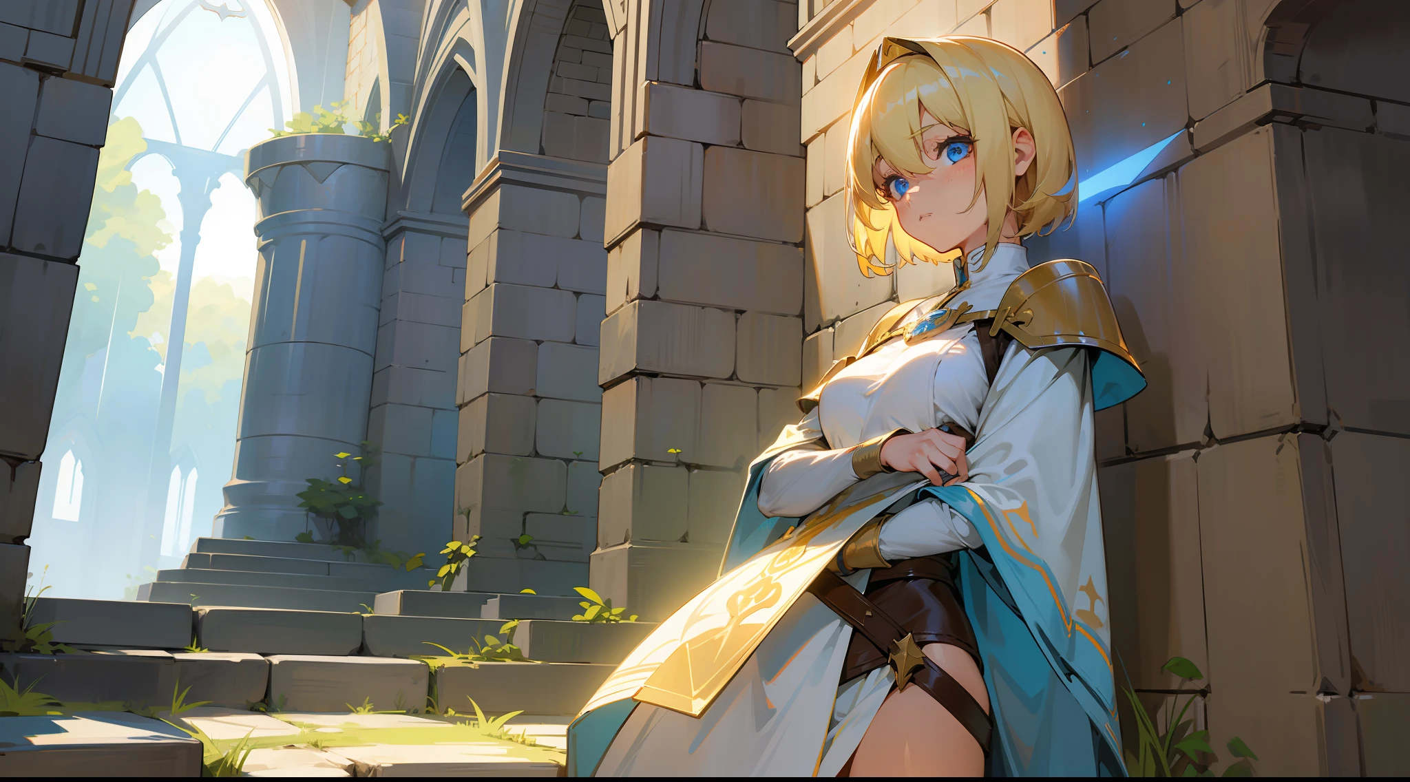 a girl, cleric, blonde, short hair, bright blue eyes, beautiful breasts, hair between eyes, bangs, full body, confident, heroic posture, fantasy, medieval, rays of sun