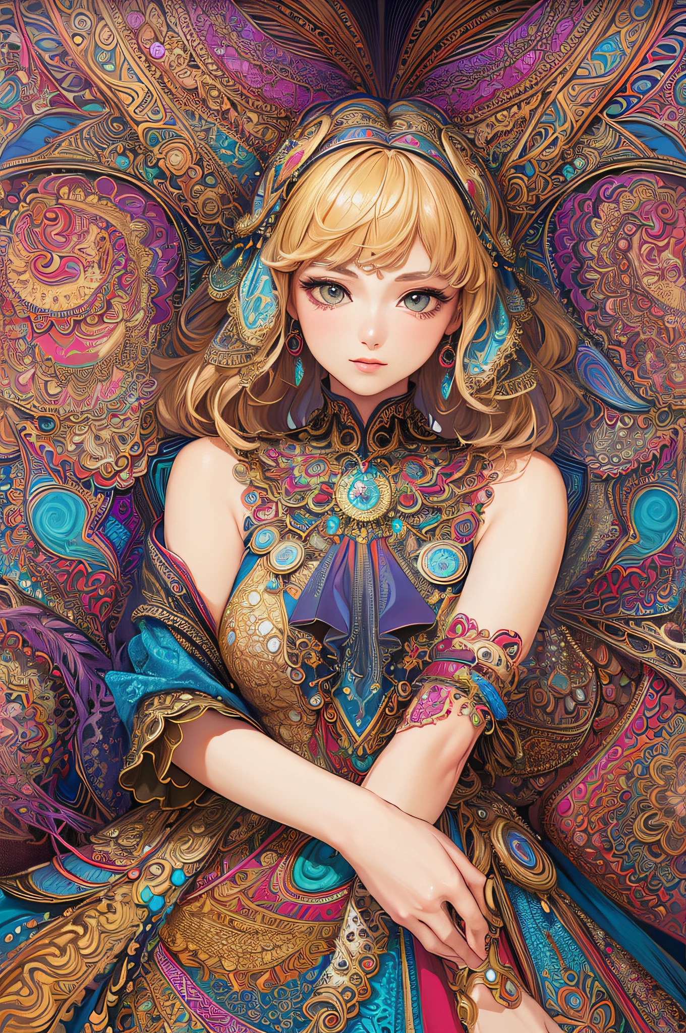 (masterpiece, top quality, best quality, official art, beautiful and aesthetic:1.2), (1girl:1.3), extremely detailed,(fractal art:1.2),colorful,highest detailed,(zentangle:1.2), (dynamic pose), (abstract background:1.5), (treditional dress:1.2), (shiny skin), (many colors:1.4), upper body