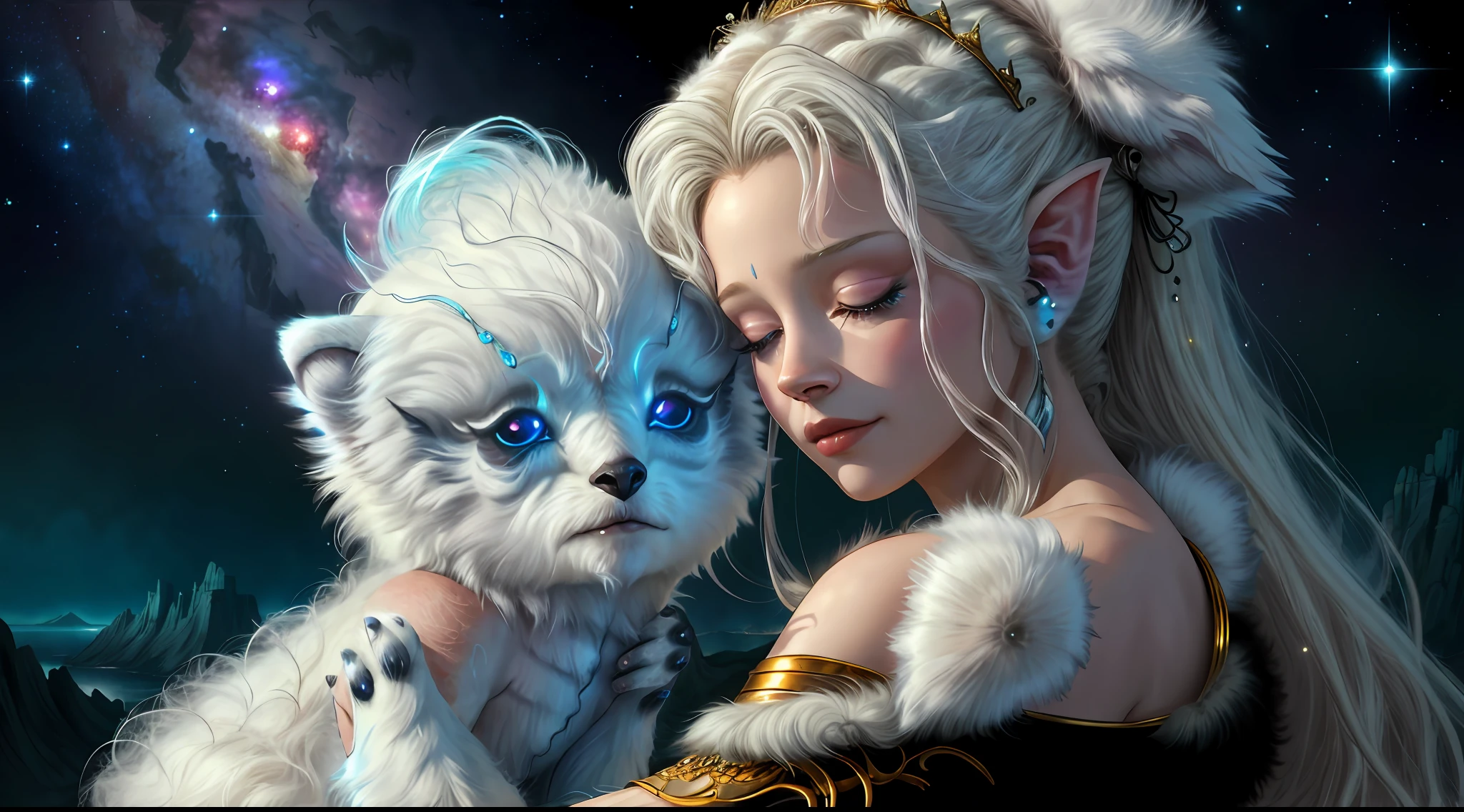 breathtaking masterpiece, best quality, highest quality, highly detailed, exquisite, award winning 8K digital painting of an ethereal and (incredibly beautiful female alien:1.4) with luminescent body parts that shimmer like stardust (lying gracefully on a steep cliff:1.2), casting a watchful gaze over (the galaxy:1.33), (a fluffy creature rests on her shoulder:1.8), intricate details, golden ratio, BaroqueAI, v0id3nergy, by Louis Royo