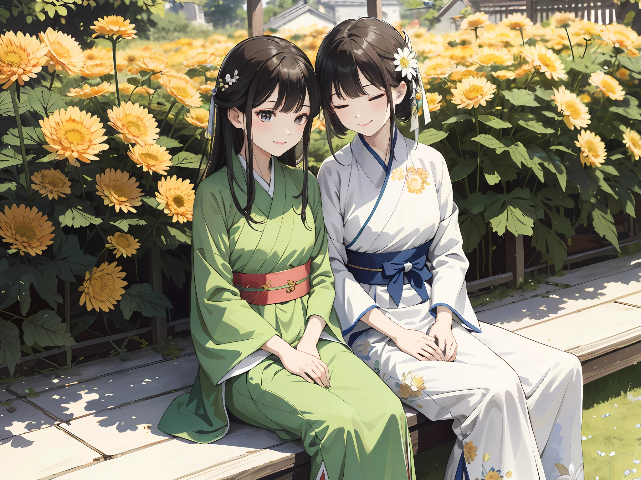 absurdres, highres, ultra detailed, hand drawn, simple line, 2 girls, two girls, beautiful girls, at the garden, Chrysanthemum, sitting, sunny, smile, wearing colorful Hanfu.