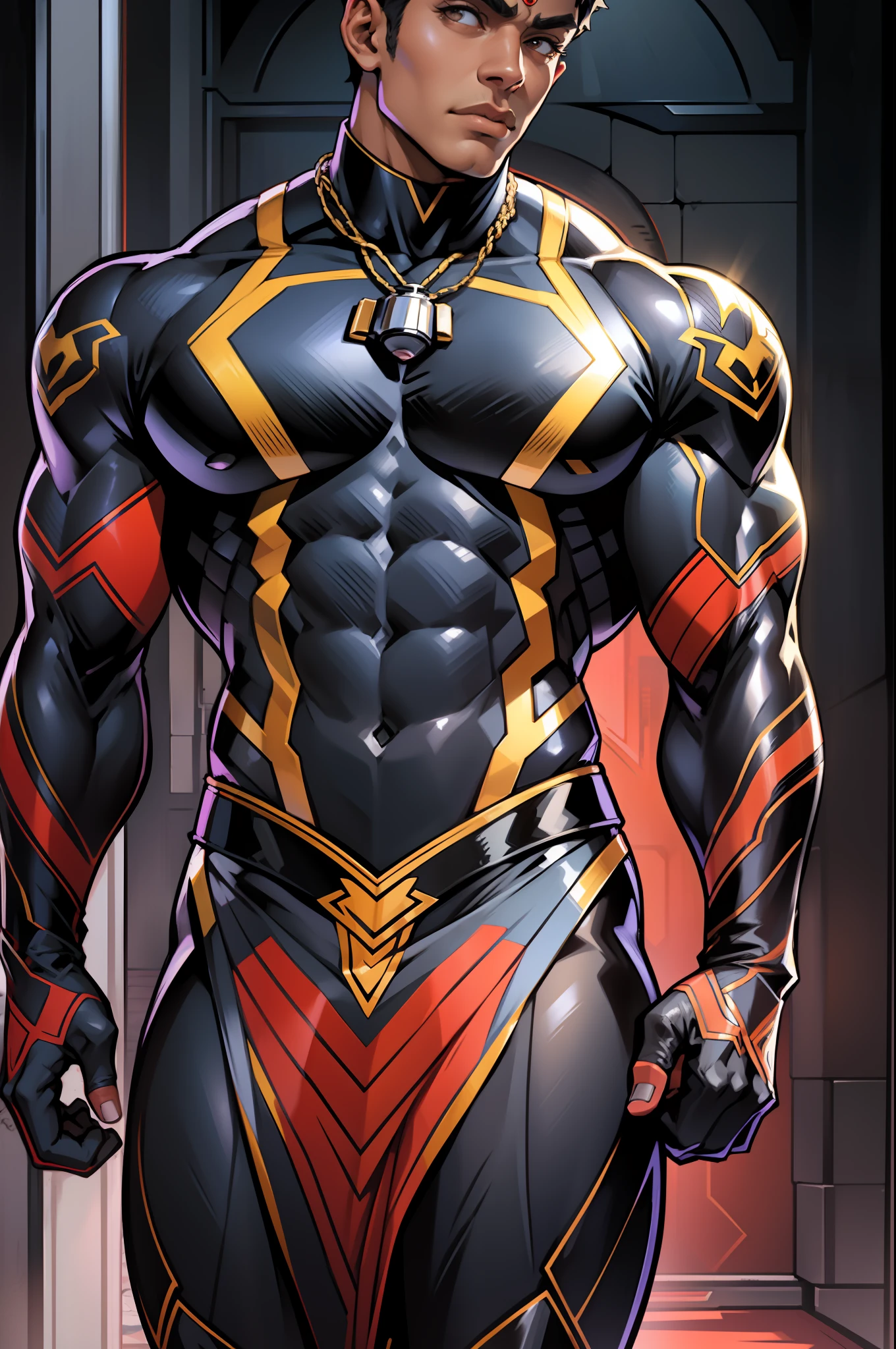 O Homem-Aranha 2099, quadrinhos da Marvel, Defined biceps and triceps, peitoral grande, penas fortes, Deltoide fortes, defined abdomen,strong arm, aesthetic thick neck, mascara cor preta, homem-aranha 2099, 8k, traje de cor preto, epic, dramatic, fantastical, completo-body vision, design e detalhes intrigados. --auto --s2