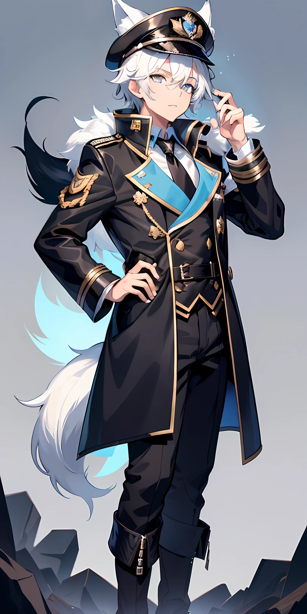 1boy, wolf ears, wolf tail, short fluffy white hair with black streaks, blue and white eyes, slim, toned, masterpiece, Black trench coat, peaked general cap, full body view