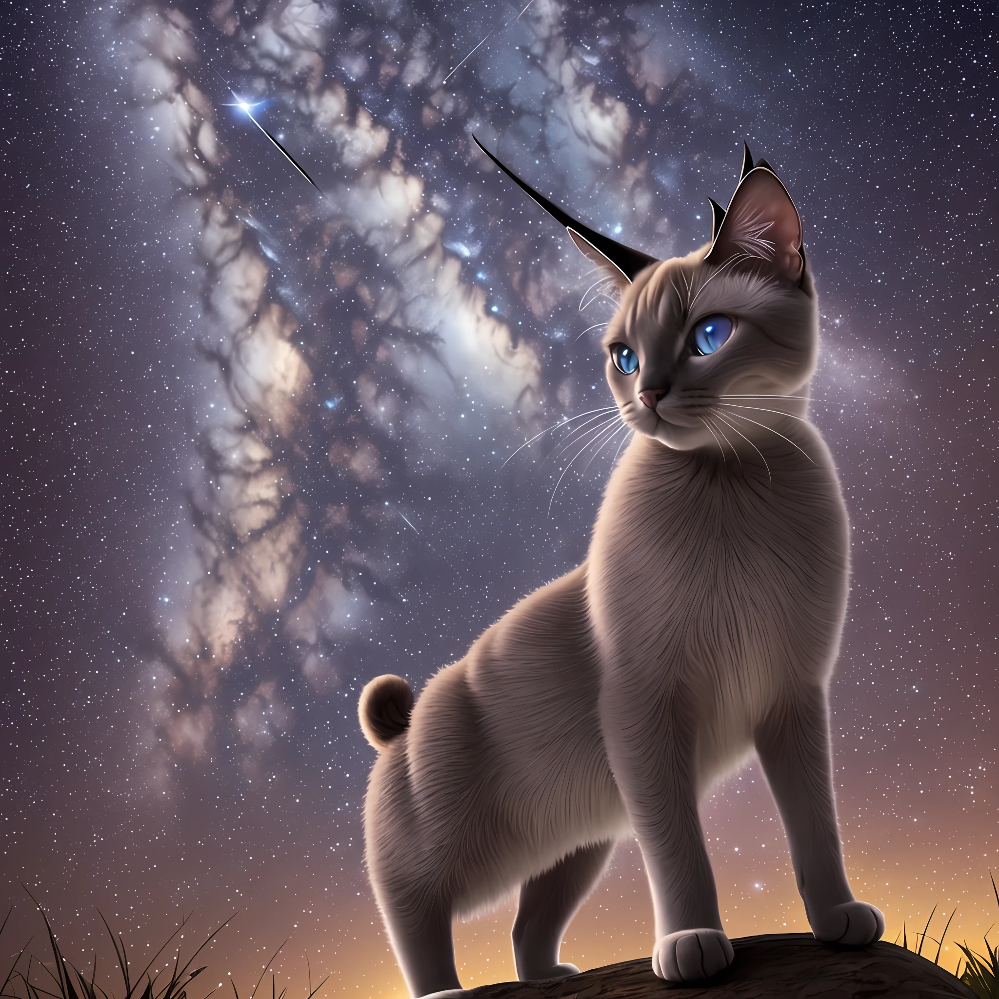 Siamese cat horned light starry sky looking up lively --auto --s2