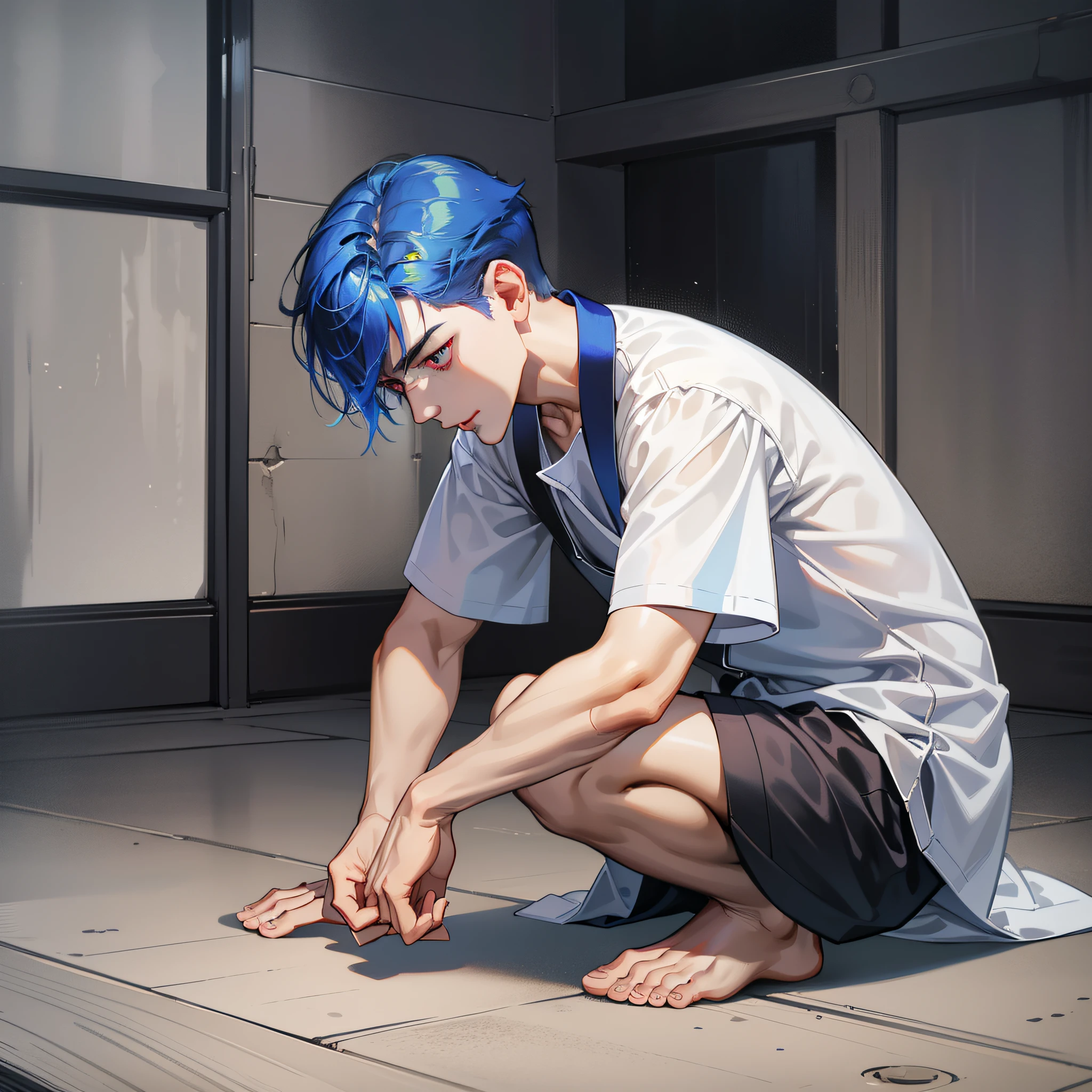 a man,The white short-sleeved with a pained expression knelt on the ground,In a room scene,His short blue hair and red eyes are a stark contrast。