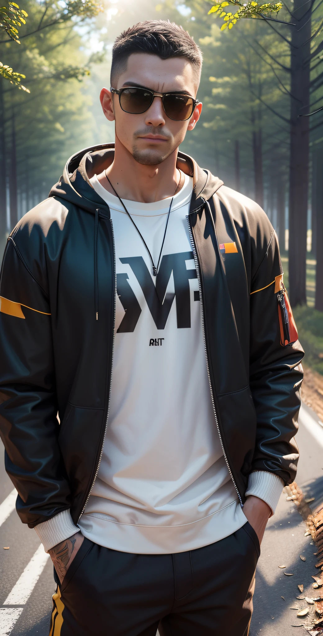 Man in off-white sweatshirt standing in the middle of a sunny highway,American round head,Buzz Cut,National character face,Tall and burly,muscular male hero,Heroic male pose,very muscular!Wear sunglasses,SKINS brand sports sweatshirt, Black hair,Super buff and cool, commission for high res, Character design: morning runner,sneaker shoes,Attractive strong men,The sun shines through the woods