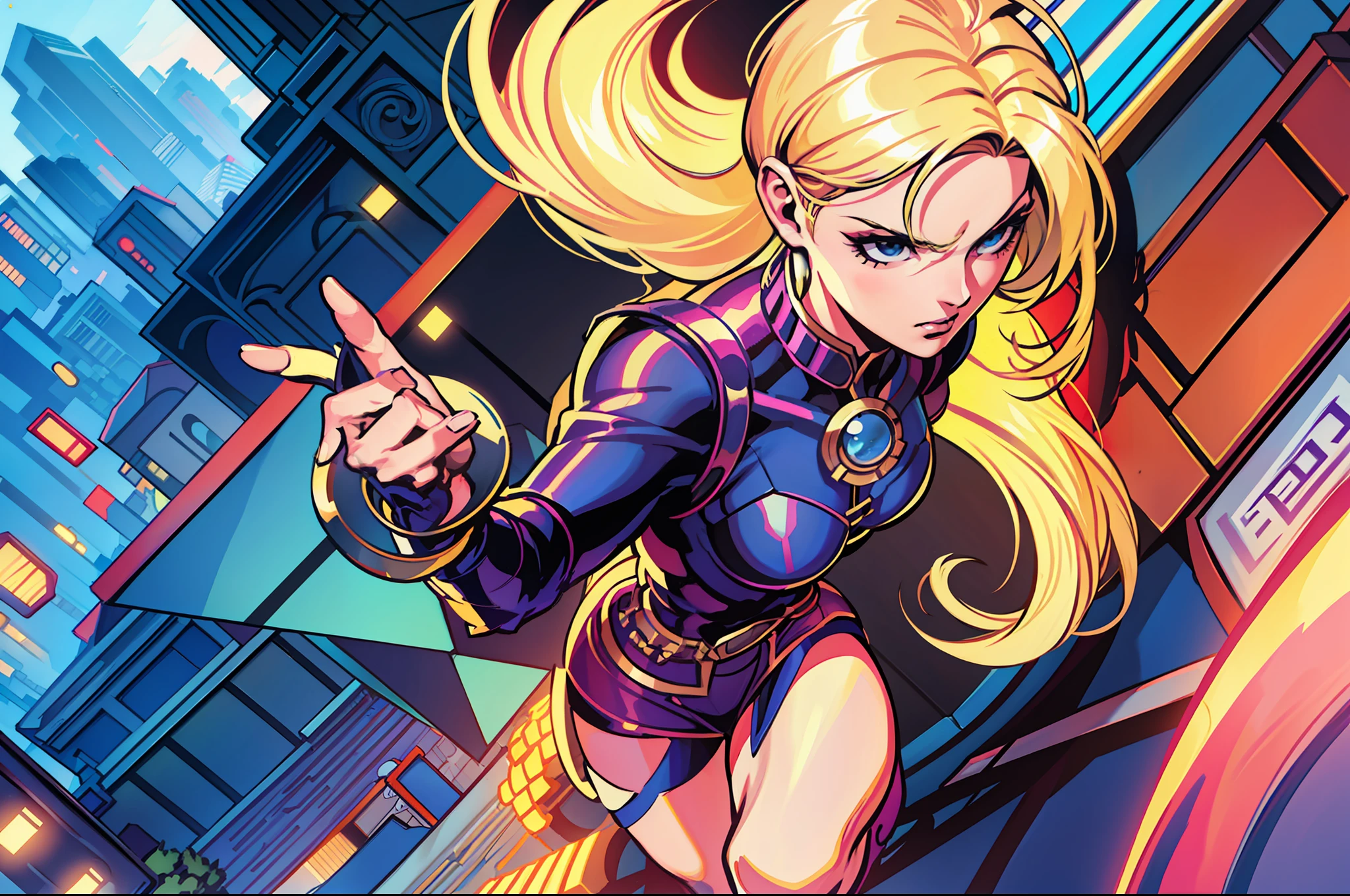 (a blonde heroine landing on a busy street:1 mulher nua.2), (alta qualidade, super detalhado, com a marca de Stan Lee, Jim Lee e Joe Bennet), Super Fantasias-Blue and white trademarked hero, (, um olhar destemido), (Quadrinhos de League of legends estilo),com um pano de fundo de cidade moderna, (ruas movimentadas, tall buildings, ).