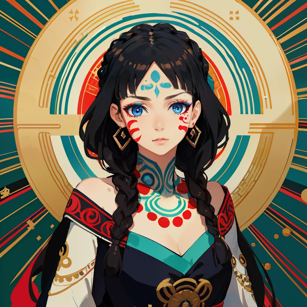 (best quality, masterpiece), (girl in ethnic dress, oriental, brunette hair, braids, blue eyes, face paint), anime, pixiv,  (upper body), (Abstract geometric background), style ethereal abstraction, 4K, --v6