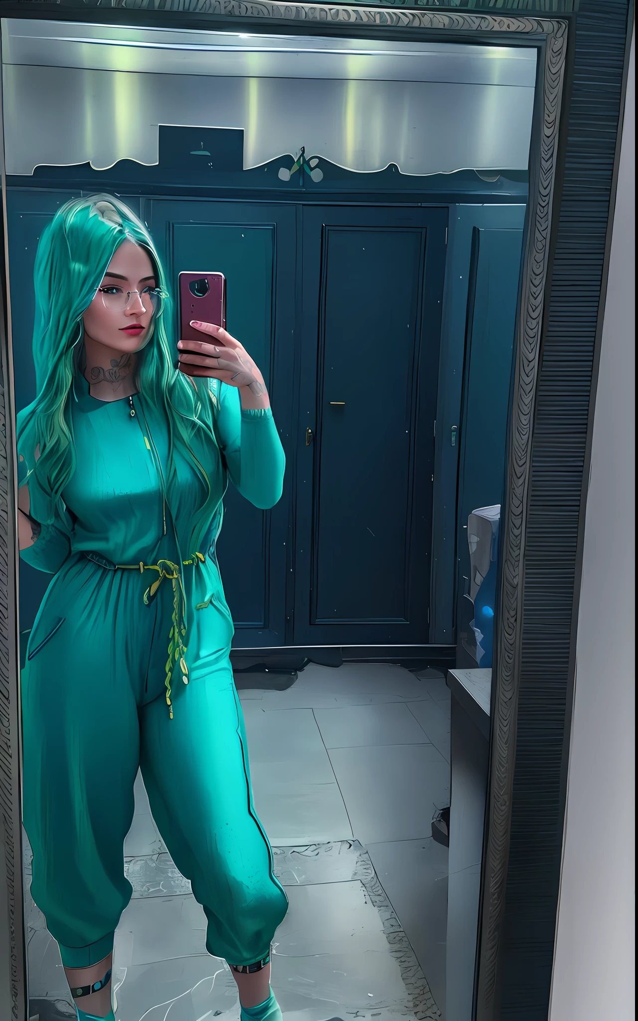 araffe woman taking a selfie in a mirror in a blue jumpsuit, blue overalls, jumpsuit, blue outfit, style of julia razumova, green socks, green sockets, green belt, dressed in blue, outfit photo, dasha taran, olga buzova, golden blue outfit, anna nikonova aka newmilky, wearing blue, wearing atompunk jumpsuit, girl with glasses, with facial tattoo, girl wearing round glasses, with glasses, inked, with tattoos, tattoos and piercings, high quality portrait, tattooed face, wearing small round glasses, thick glasses, facial tattoos, profile image, tattooed, 🤤 girl portrait, with square glasses, !!wearing modern glasses!!, ((detailed face)), ((detailed facial features)), (finely detailed skin), pale skin, (the megacity cyberpunk environment, neon lights, skyscrapers), ((in a dark hallway)), soft natural light, wet skin, cyberpunk megacity environment, (cool colors), damp, reflections, (masterpiece) (perfect aspect ratio), (realistic photo), (best quality), (detailed) photographed on a Canon EOS R5, 50mm lens, F/2.8, HDR, (8k) (wallpaper) (cinematic lighting) (dramatic lighting) (sharp focus) (intricate), RAW photo, RAW photo, gigachad photo, posing for camera, black jeans, arms behind, 8k uhd, dslr, high quality, film grain, Fujifilm XT3, extremely detailed, photorealistic, realistic, incredibly absurd, highly detailed, sharp focus, (Professional Studio Lighting), (Professional Color Grading), Edge Lighting, Dramatic lighting, Cinematic lighting, Lumen reflections, Soft natural lighting, Soft color, Photon mapping, Radiosity, (Beautiful eyes), (Detailed eyes), (Detailed face), symmetrical eyes, sharp eyes, cold face, full body), (HIGH LEVEL OF DETAIL),(wet, oil-lubricated), colorful, lights, colorfull lights