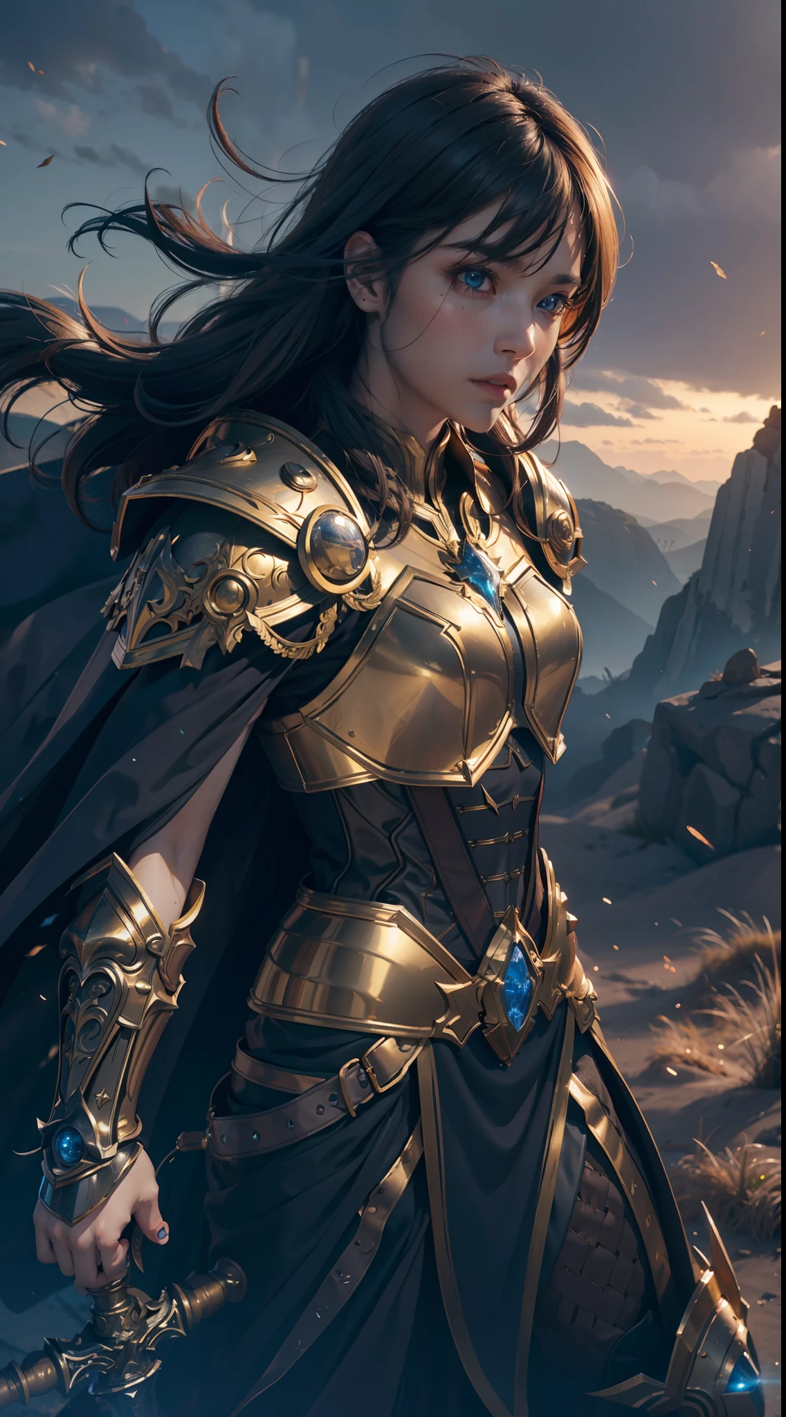 8k,ultra detailed, masterpiece, best quality, (extremely detailed), dynamic angle, Mysterious expression, wind effect, fantasy background, rim lighting, cinematic light, ultra high res, 8k uhd, film grain,best shadow, delicate, RAW, light particles, detailed skin texture, detailed armor texture, detailed face, intricate details, ultra detailed, bright, strong, golden armor, (holding hammer), smashing, smash action, pauldrons, glowing eyes, long cape, fantasy, (realistic), shoulder armor, complex, intricate, perfect lighting, looking at viewer, cinematic lighting, flying in sky,flying, holy light, vivid, bangs, windy