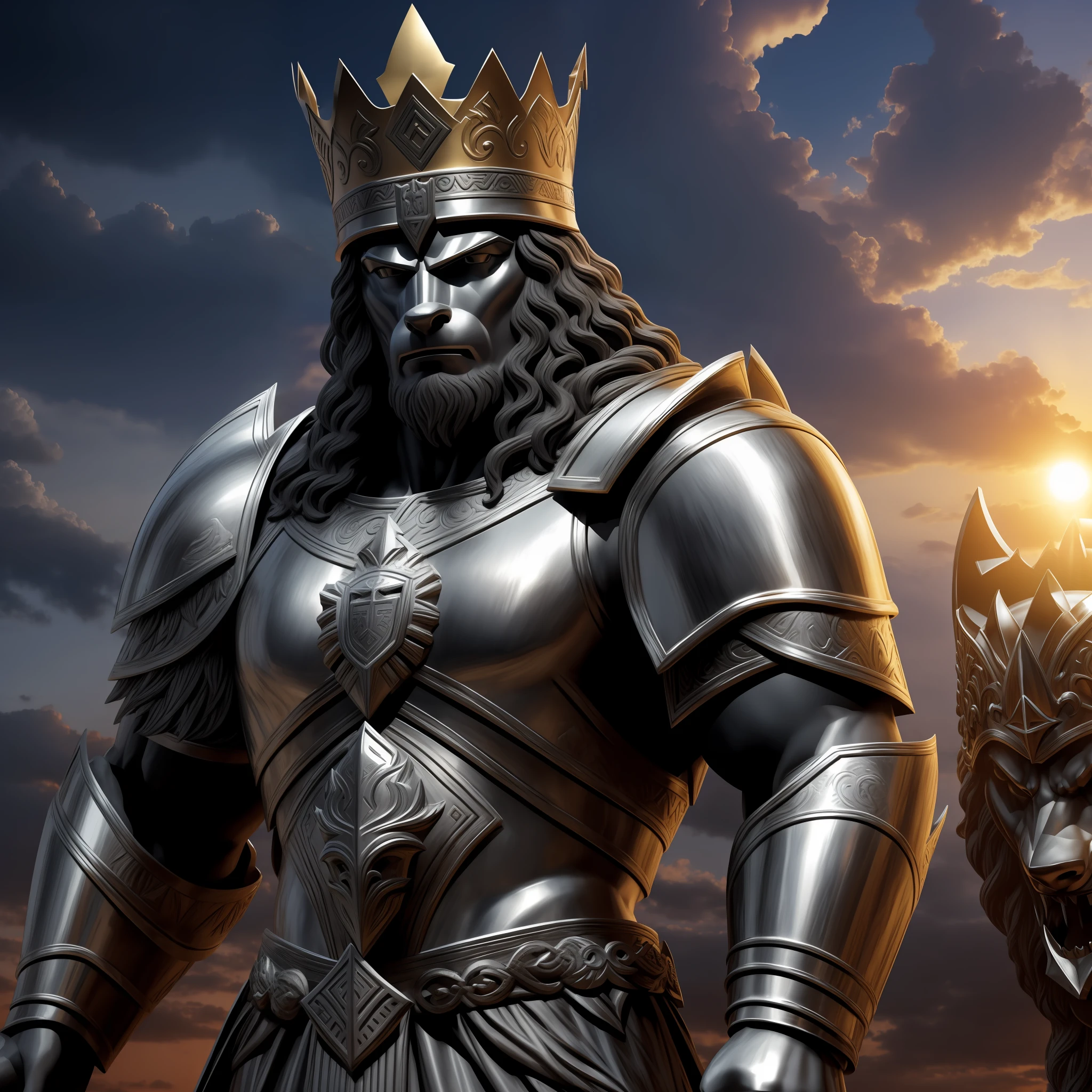 Greek statue of a werewolf in armor and king's crown, Full HD, Melhor Qualidade