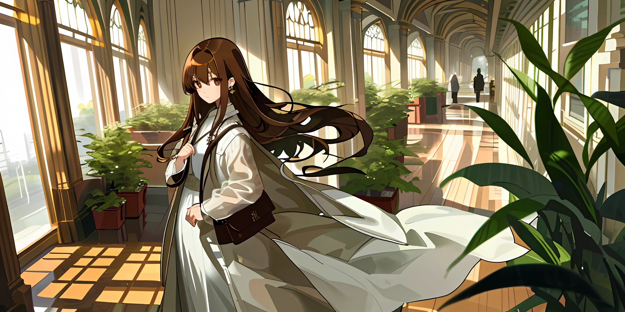 (a masterpiece、, Bestquality), length hair,single person，solo, brown Hair, plants, looks at the viewer, brown eye, bag, White coat, indoors, holding, bangs, solo focus, dress, standing,, whitedress, 1 girl , jewelry, Earring, Hair between the eyes, open clothes,Detailed,see-through