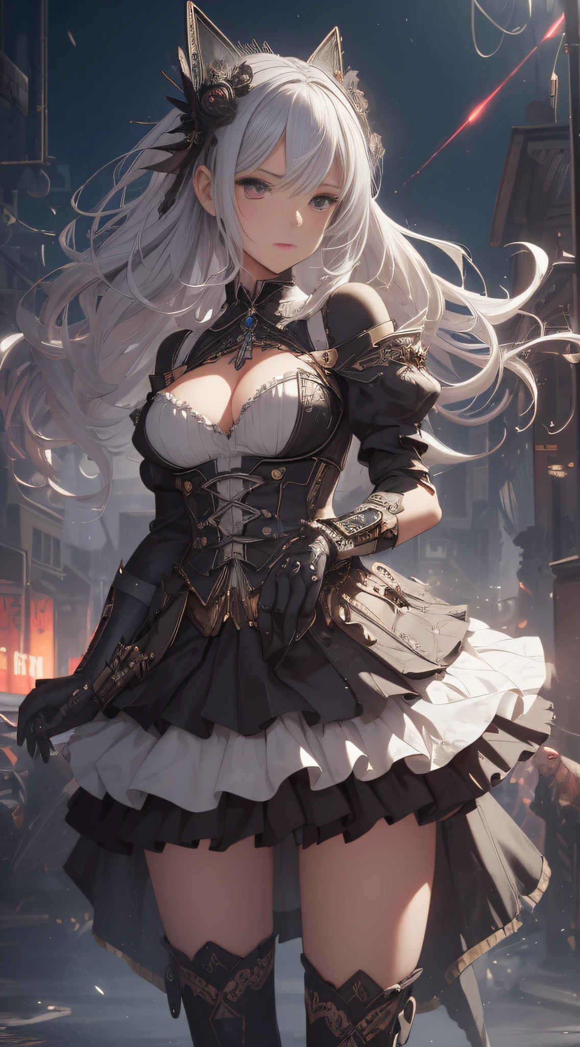 ((Super Best Quality)), ((Very Masterpiece)), ((Super Detail:1.4)), ((Ultra Photorealistic 3D)), Android Mage Girl, Mechanical Body, Dynamic Action Poses in Battle Scenes, Mechanical Armament of Very Complex and Heavy Fighters, Off-the-Shoulder Fashion Fused with Detailed and Complex Steampunk and Detailed Gothic ta, intricate steampunk headgear, very thin long legs, mechanical boots above the knee, fluttering lace flared miniskirts, upturned and beautiful little breasts, rather long vertical curly silver hair moved by the wind, countless shining large spheres flying around, many sparks crossing and splashing, countless neon lights raining down from poses that evoke magic, steampunk factories, Intricate and precise mechanical ruins, very dark night backgrounds, very dramatic and cinematic lighting.