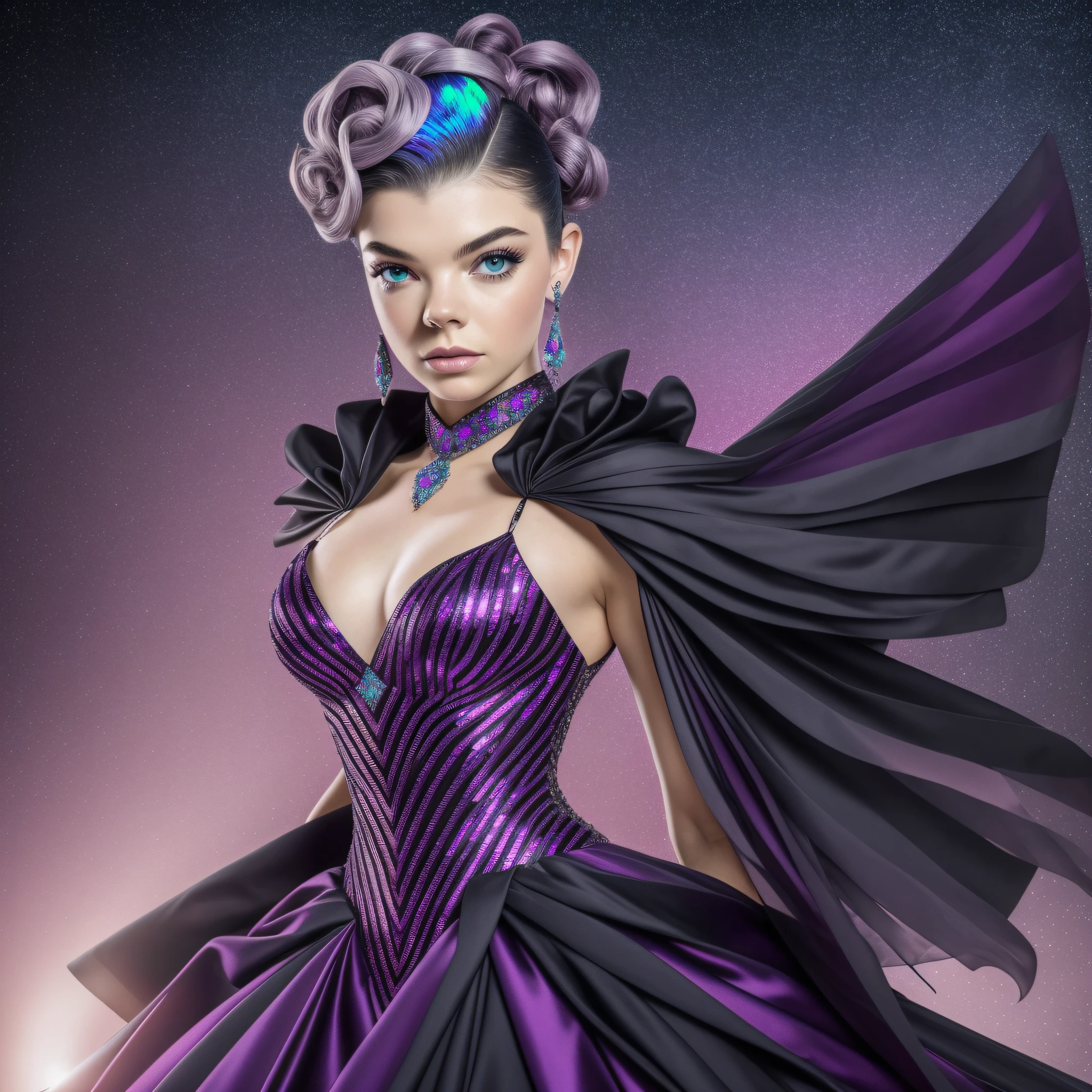 Ultra Photo of Anya Taylor with black wings opal spinel on dress with sparks kunzite indigo tourmaline diamond, texture 16K, Ruby robotic dress and extravagant Lava and strange short hairstyle, image 16k, haute couture, flashs rainbow, High image quality, robe extravagante et lumineuse, Realistic face and body, tatouages, corps et visage 16k, Suave seductive revealing under-Fashion clothing dramatic pose , UHD HDR DSLR