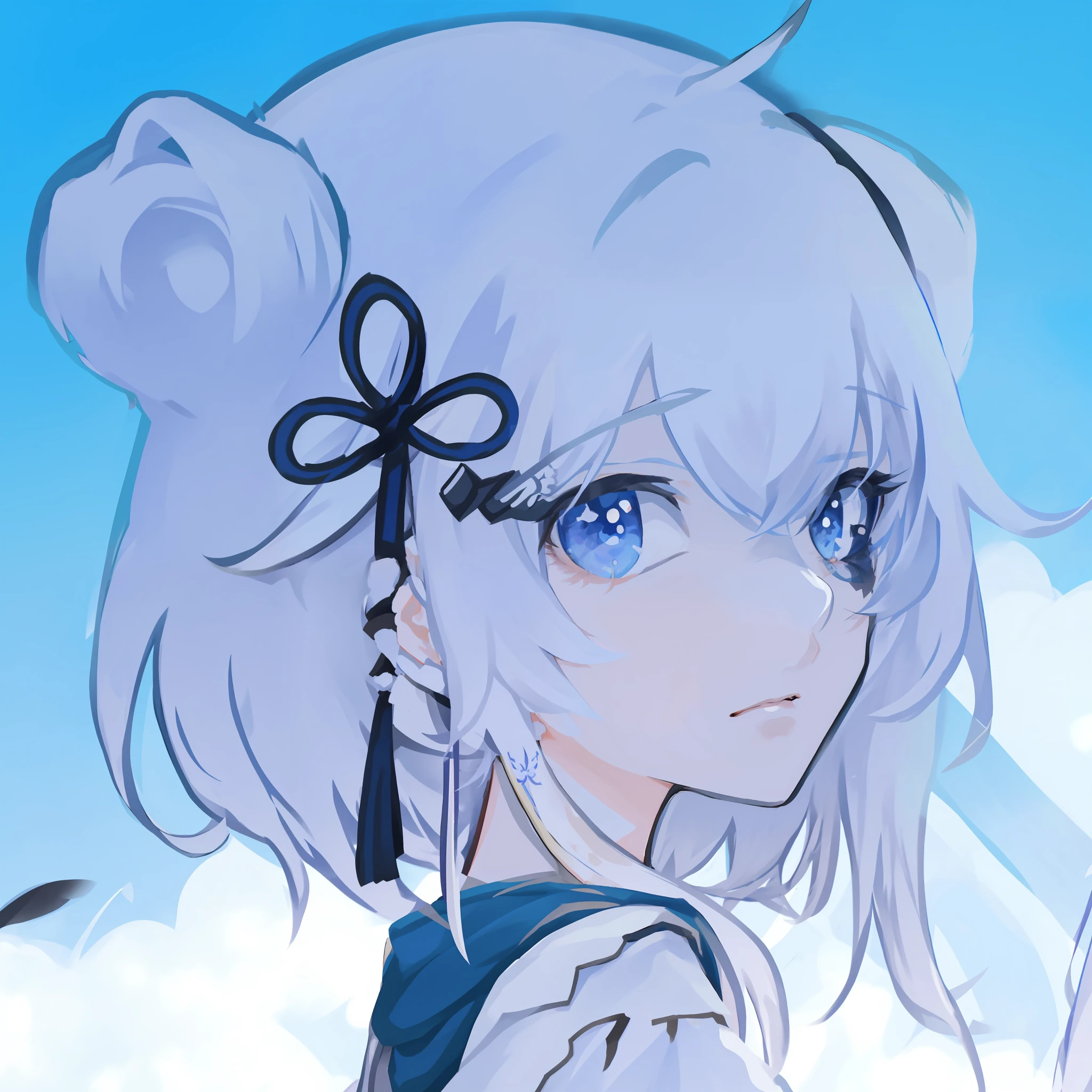 anime girl with a sword in her hand and a sky background, kantai collection style, Guweiz, white haired deity, WHITE,-haired, lolish, shikamimi, white haired, tsuaii, anime moe artstyle, from arknights, anime styled, anime style. 8k, anime artstyle, ayaka genshin impact, discord profile picture
