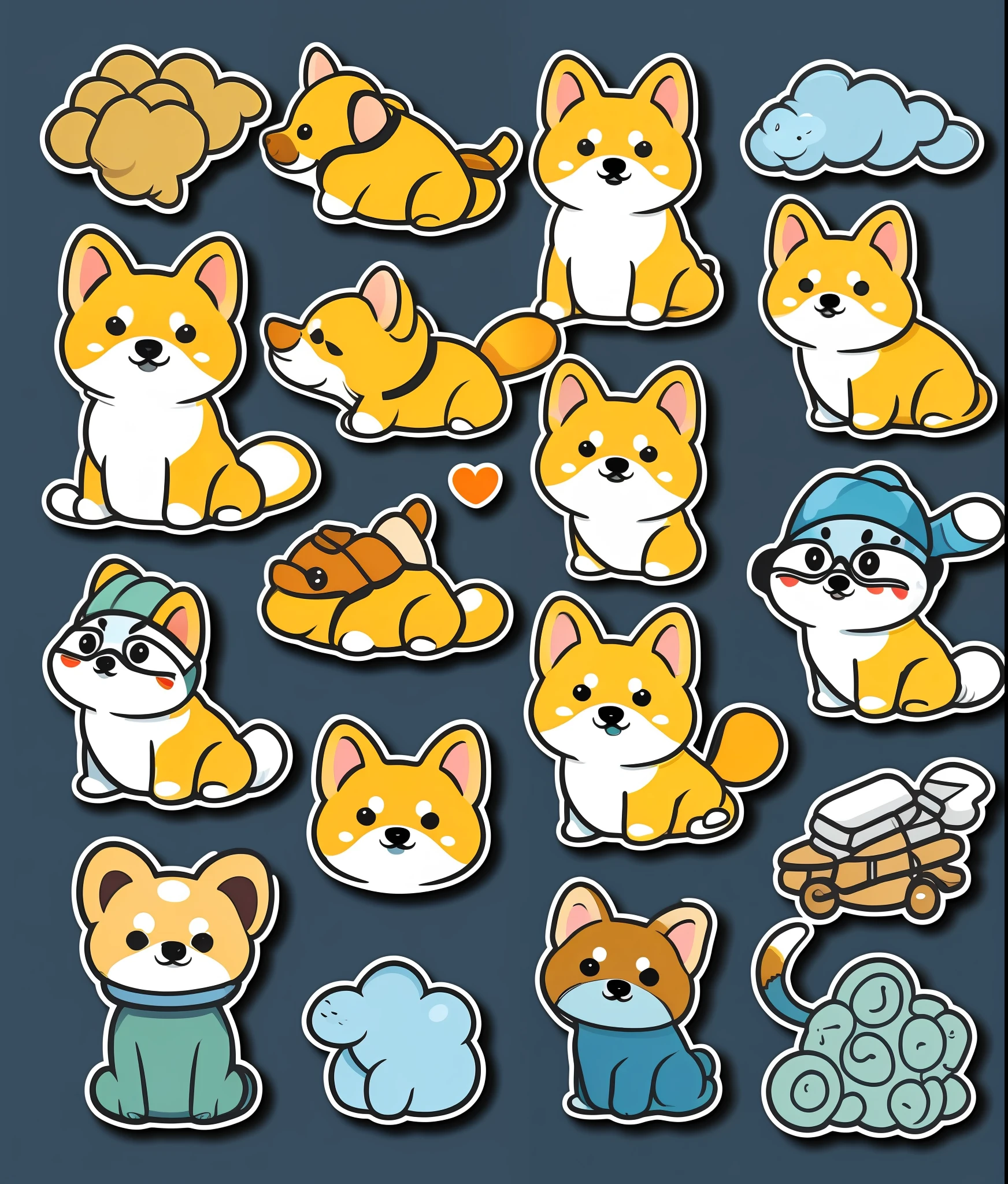Cute puppy stickers,Light yellowish light blue,flat style,Corgi
