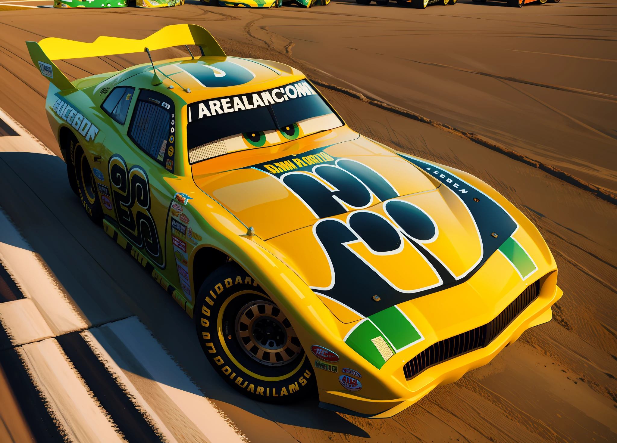 carro de corrida, desenhos animados, carro, nascar,Chevrolet camaro 2015, vehicle, detalhado, cg, olhos detalhados e boca, 3D rendering, pixar, olhos, olhando para o espectador, hq human ho rendering, arte do personagem, fundo branco, arte oficial