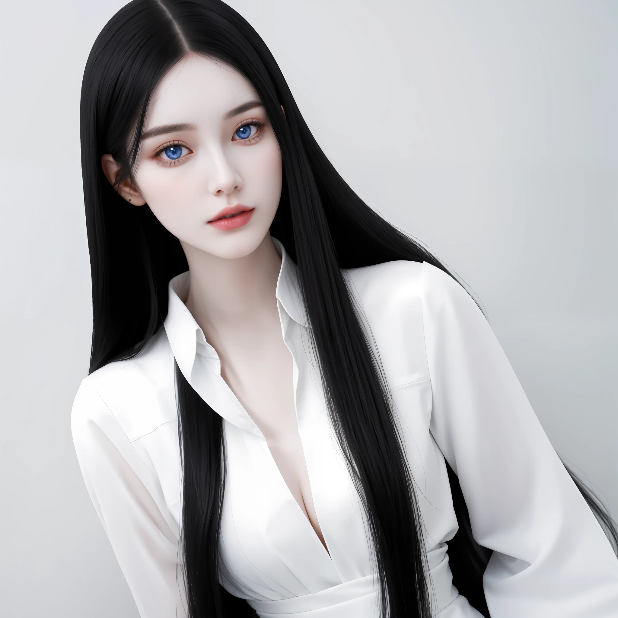 a close up of a girl with long black hair and a white dress,  detailed long black hair, white long straight hair, pale milky white porcelain skin, pale porcelain white skin, with straight black hair, long thin black hair, long raven hair, with long dark hair, pale snow white skin, beautiful and detailed face, stunning beauty,hide her hands, sensual face without revealing her body, anatomically correct face, no flaws,only one girl in the image,no deformities, blue eyes