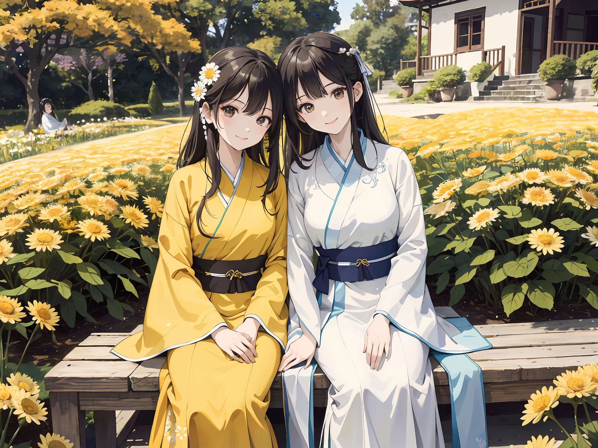 absurdres, highres, ultra detailed, hand drawn, simple line, 2 girls, two girls, beautiful girls, at the garden, Chrysanthemum, sitting, sunny, smile, wearing colorful Hanfu.