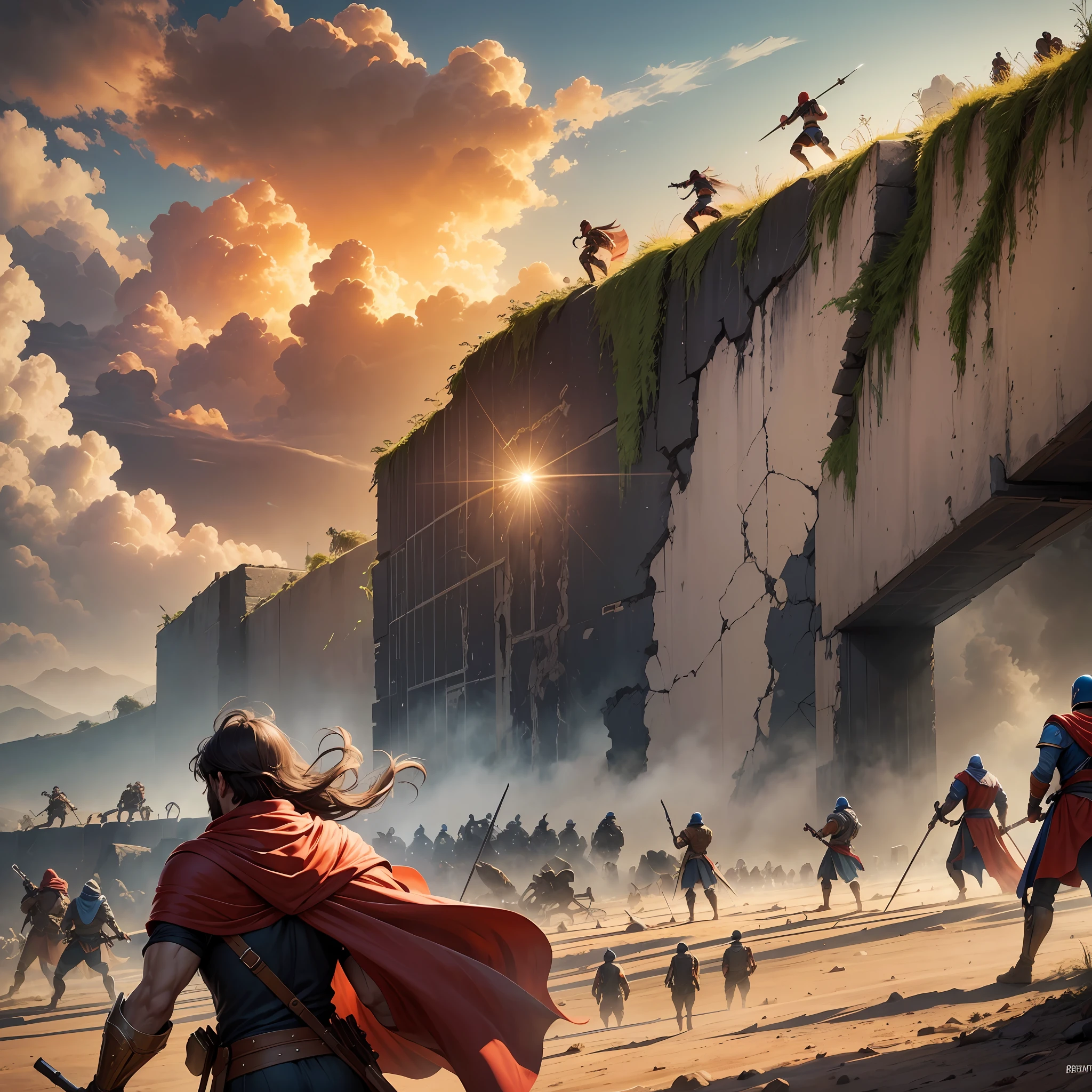Depois da travessia radical, Joshua and his people had to face several battles to conquer the Promised Land. Eram como lutas de super-Heroes! Eles enfrentaram gigantes assustadores e muros enormes, mas Deus estava com eles. He gave incredible strategies, how to tear down walls with music and make the sun stop in the sky. It was a real mess of battles, mas eles nunca desistiram!