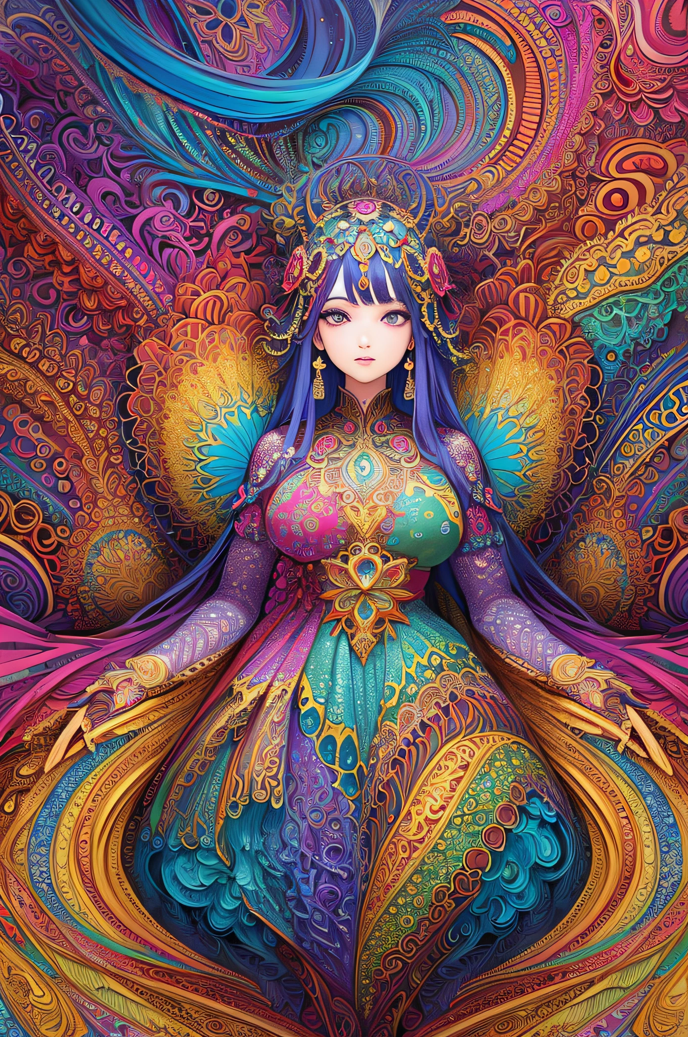 (masterpiece, top quality, best quality, official art, beautiful and aesthetic:1.2), (1girl:1.3), extremely detailed,(fractal art:1.2),colorful,highest detailed,(zentangle:1.2), (dynamic pose), (abstract background:1.5), (treditional dress:1.2), (shiny skin), (many colors:1.4), upper body
