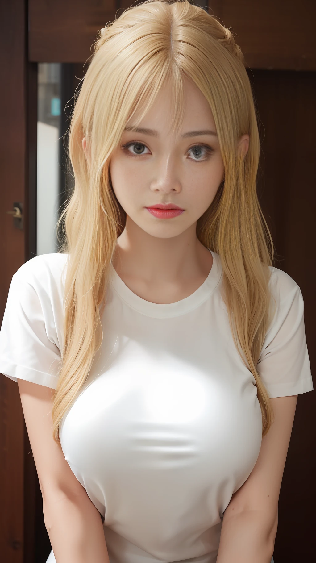 (1girl),large breasts,  breasts, tan, dewy skin, sweaty skin, wavy blonde hair, punk tshirt, punk girl