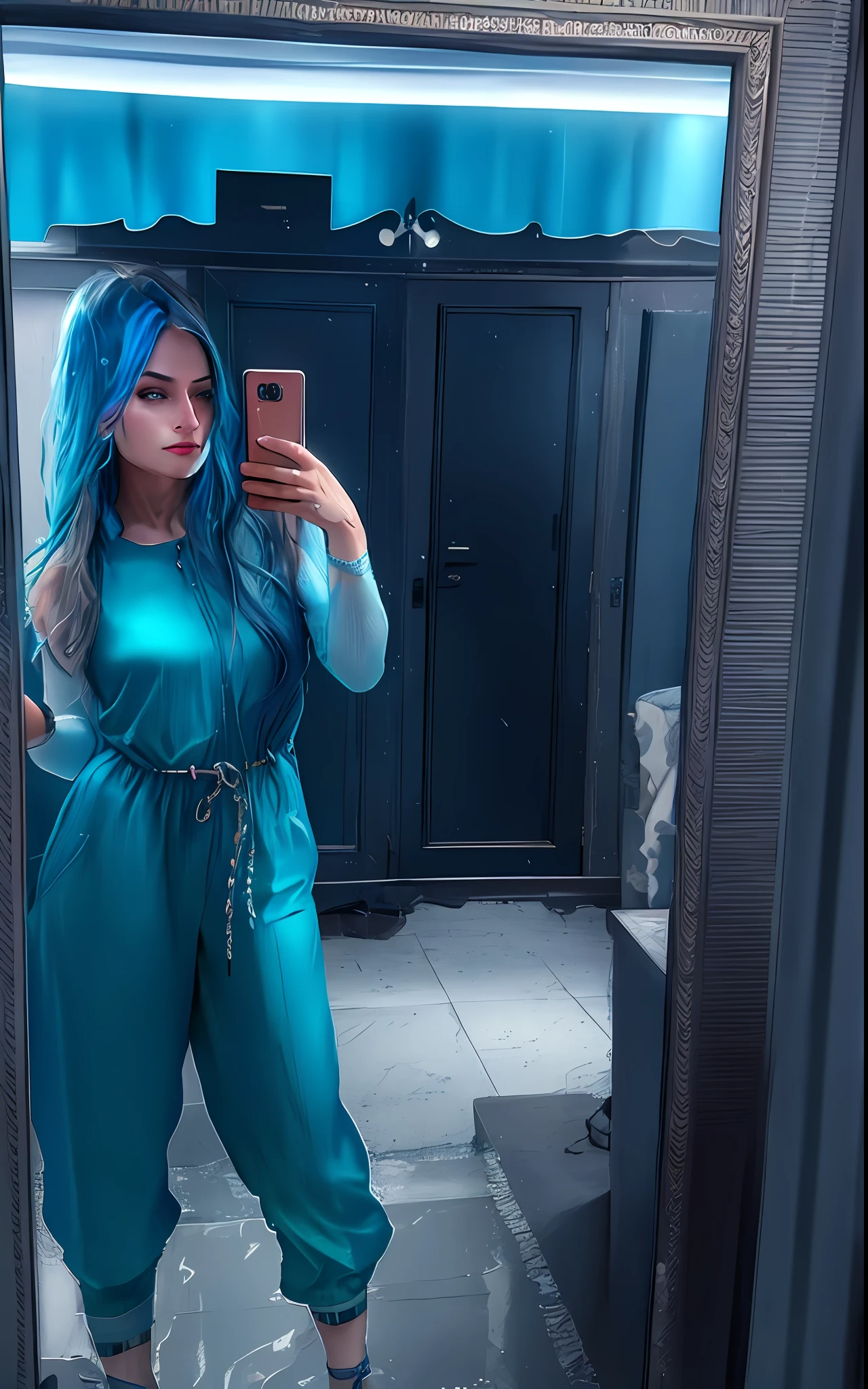 araffe woman taking a selfie in a mirror in a blue jumpsuit, blue overalls, jumpsuit, blue outfit, dressed in blue, outfit photo, dasha taran, olga buzova, golden blue outfit, wearing blue, wearing atompunk jumpsuit, high quality portrait, colorfull, bright, colors, shades of colors, alive, ((detailed face)), ((detailed facial features)), (finely detailed skin), pale skin, (the megacity cyberpunk environment, neon lights, skyscrapers), ((in a dark hallway)), soft natural light, wet skin, cyberpunk megacity environment, (cool colors), damp, reflections, (masterpiece) (perfect aspect ratio), (realistic photo), (best quality), (detailed) photographed on a Canon EOS R5, 50mm lens, F/2.8, HDR, (8k) (wallpaper) (cinematic lighting) (dramatic lighting) (sharp focus) (intricate), RAW photo, RAW photo, gigachad photo, posing for camera, black jeans, arms behind, 8k uhd, dslr, high quality, film grain, Fujifilm XT3, extremely detailed, photorealistic, realistic, incredibly absurd, highly detailed, sharp focus, (Professional Studio Lighting), (Professional Color Grading), Edge Lighting, Dramatic lighting, Cinematic lighting, Lumen reflections, Soft natural lighting, Soft color, Photon mapping, Radiosity, (Beautiful eyes), (Detailed eyes), (Detailed face), symmetrical eyes, sharp eyes, cold face, full body), (HIGH LEVEL OF DETAIL),(wet, oil-lubricated), colorful, lights, colorfull lights