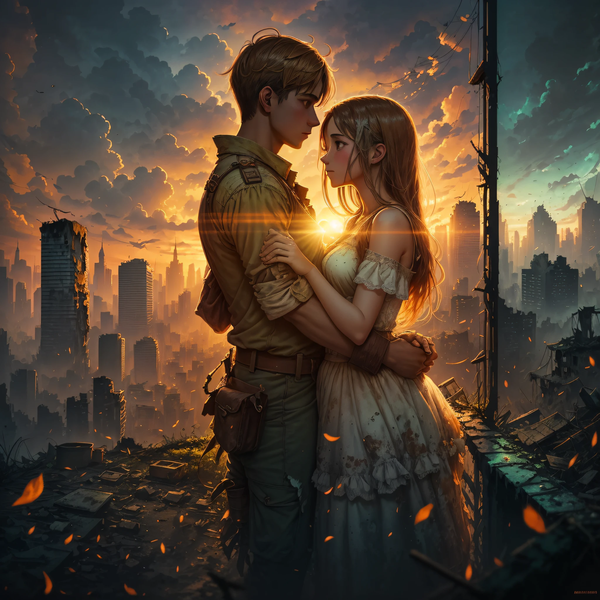 At the edge of a crumbling civilization, a young couple clings to each other's hand, their fingers intertwined, as the world around them turns to dust. The sun sets in a fiery orange sky, casting a warm glow on their faces. The environment is a city in ruins, with dilapidated buildings and overgrown vegetation. The atmosphere is bittersweet, with a mix of nostalgia and acceptance. The style is an evocative painting, capturing the couple's tender connection amidst the chaos and decay. --ar 16:9 --v --auto --s2