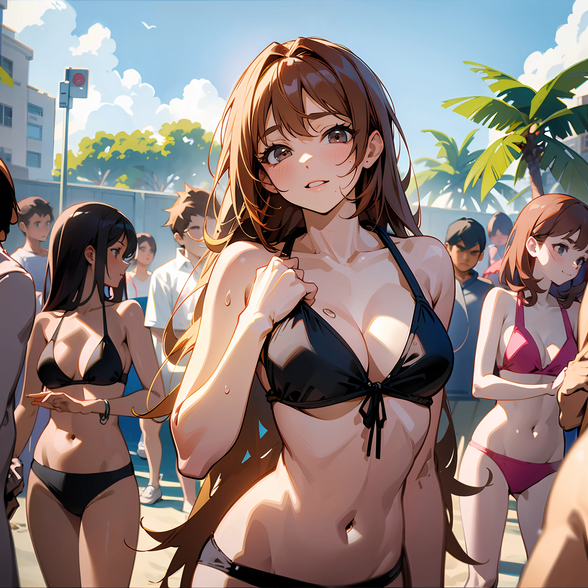 {{Teenage female, caucasian, hundreds of girls, many girls, only girls, crowd shot, girls shoulder to shoulder}}, looking at viewer, hazel eyes, extremely detailed, brown hair, blonde hair, red hair, black hair, pink bikinis, beach, beach party, matching bikinis, crowd of girls, happy, best quality, high quality, extremely detailed anime screencap