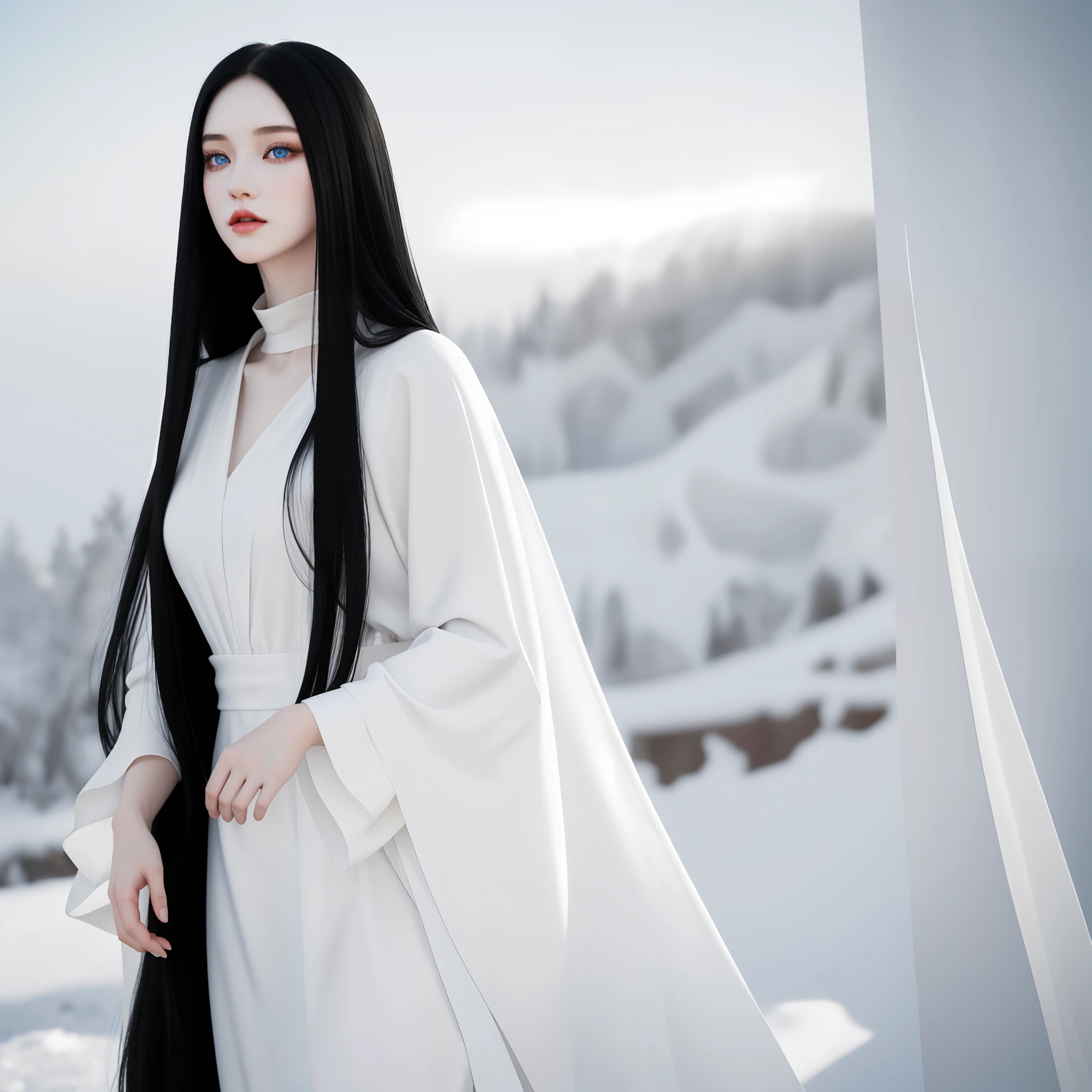 a close up of a girl with long black hair and a white dress, detailed long black hair, white long straight hair, pale milky white porcelain skin, pale porcelain white skin, with straight black hair, long thin black hair, long raven hair, with long dark hair, pale snow white skin, beautiful and detailed face, stunning beauty,hide her hands, sensual face without revealing her body, anatomically correct face, no flaws,only one girl in the image,no deformities, blue eyes