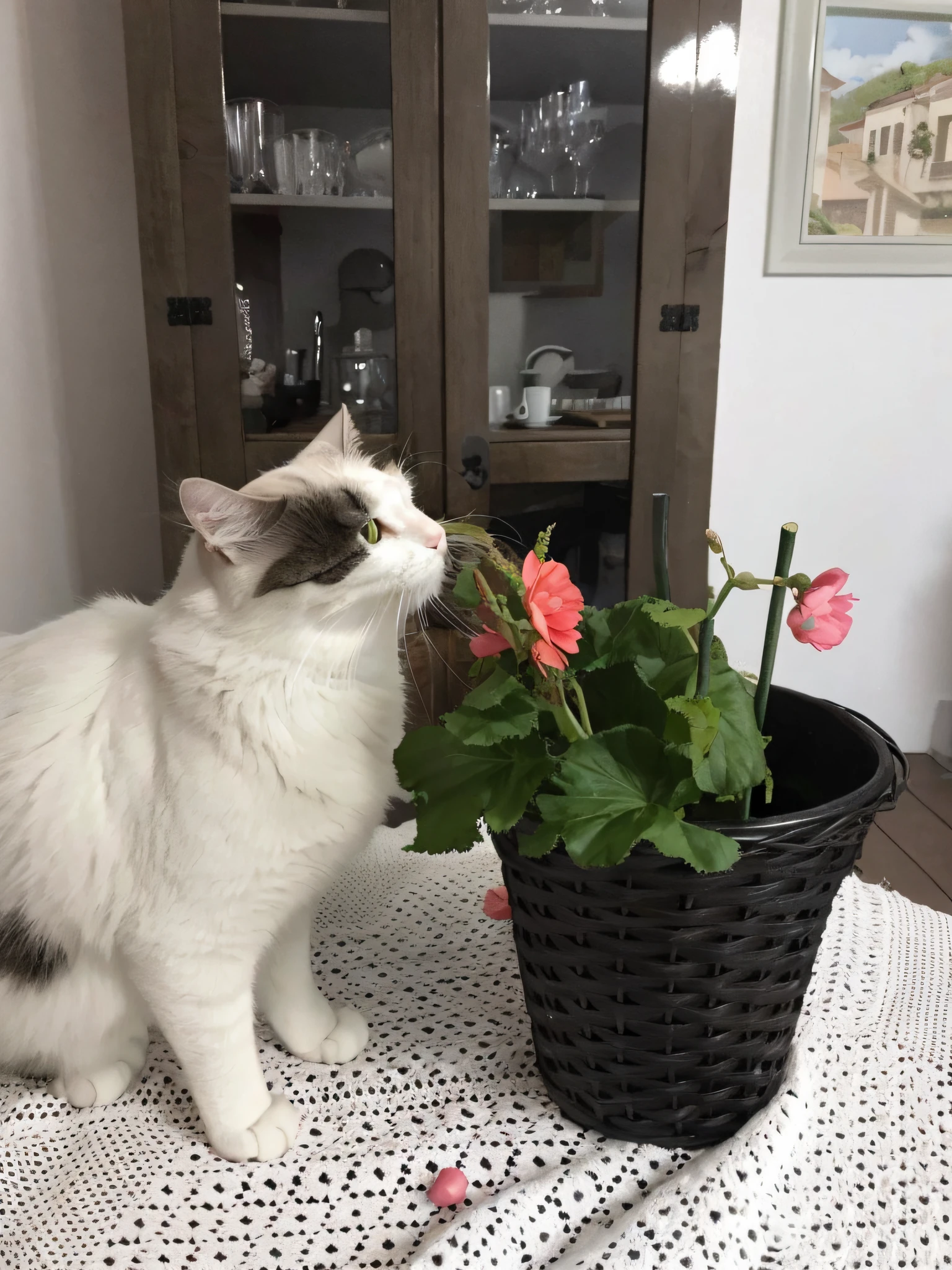 there is a cat that is sitting on a table with a potted plant, Gatos e plantas, pegando uma flor, ao lado de uma planta, cat on the table in front of her, gato na mesa, com flores, there is a cat next to her, sentado com flores, captured with sony a3 camera, she is looking at us, na mesa da cozinha