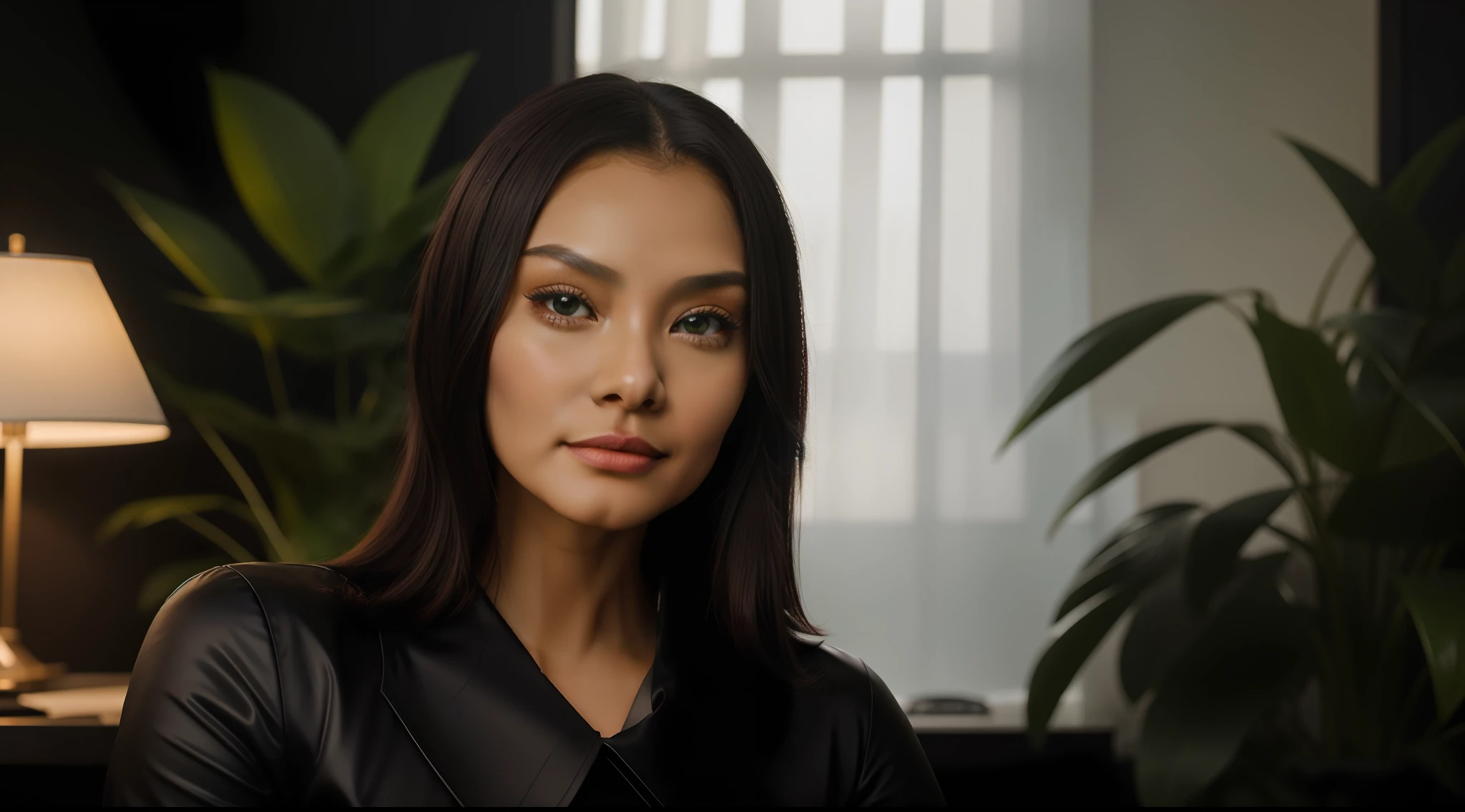 retrato de uma linda menina de 18 anos com rosto de Yennis Cheung linda e perfeita, Asian, cabelo preto, olhos verdes, com roupas solarpunk coloridas, in dark private office, light: 1.2, elegante, rosto bonito, pele detalhada, oil: 0,6, bobina de tesla: 0,4, tubo nixie: 0,8, altamente detalhado, hiperdetalhado, intrincado, bloom: 0,4, lighting smooth, side lighting: 0,8, 8k