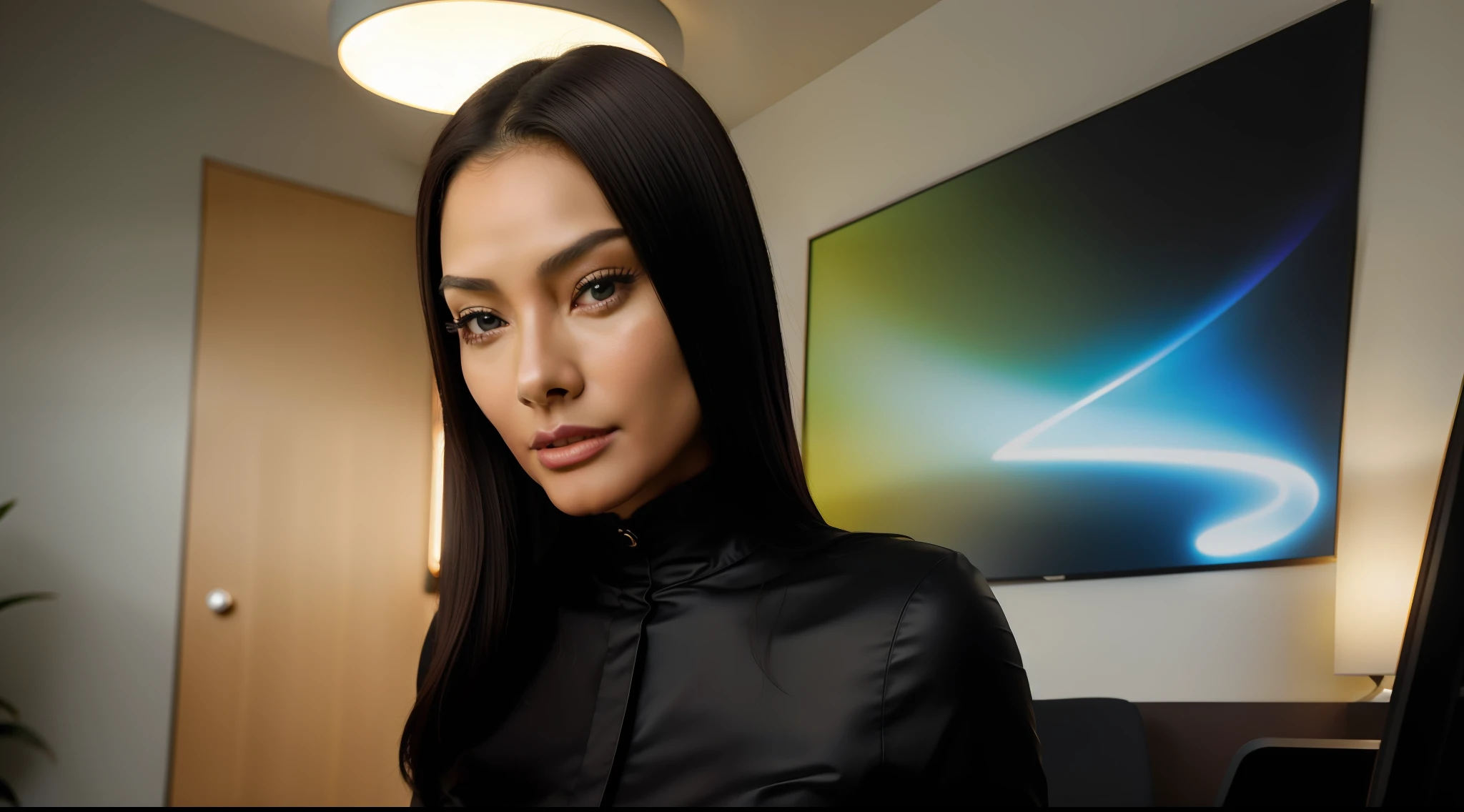 retrato de uma linda menina de 18 anos com rosto de Yennis Cheung linda e perfeita, Asian, cabelo preto, olhos verdes, com roupas solarpunk coloridas, in dark private office, light: 1.2, elegante, rosto bonito, pele detalhada, oil: 0,6, bobina de tesla: 0,4, tubo nixie: 0,8, altamente detalhado, hiperdetalhado, intrincado, bloom: 0,4, lighting smooth, side lighting: 0,8, 8k