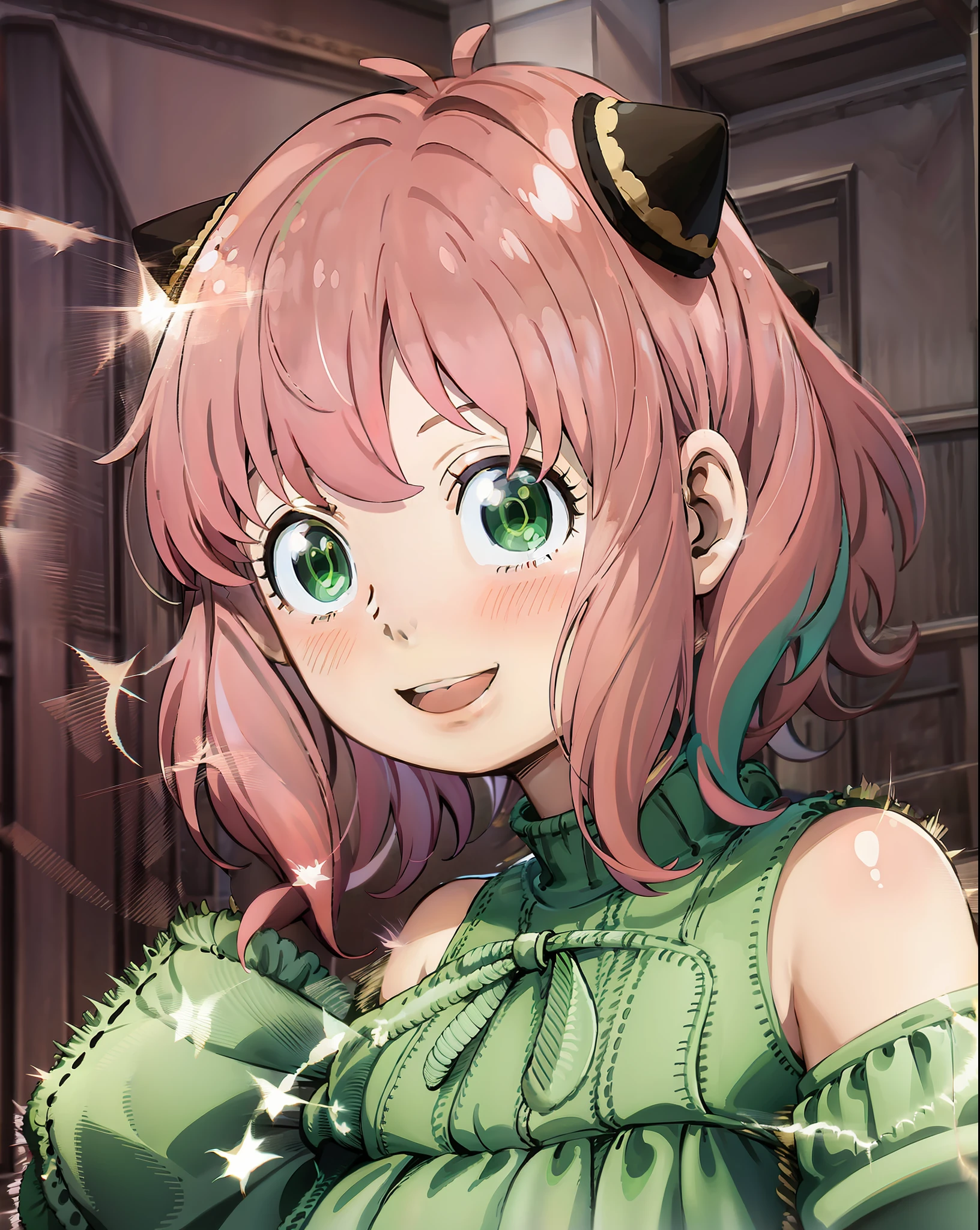 An anime girl with pink hair and green eyes、(1girle:0.992)、(:d:0.583)、(bangs:0.701)、(Blush:0.584)、(Green eyes:0.992)、(looking at viewers:0.711)、(Open your mouth:0.760)、(Pink hair:0.917)、(Ribbon:0.826)、(short hair:0.571)、(a smiling look:0.855)、(solo:0.949)、(tooth:0.770)、 (upper half body:0.760)