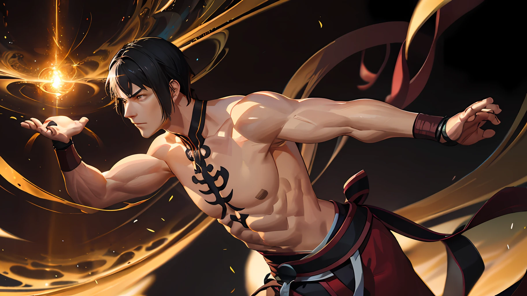 This is a carefully crafted, intricate fantasy portrait depicting a strong and determined middle-aged male kung fu monk with a huge golden goddess behind him and shiny black hair.