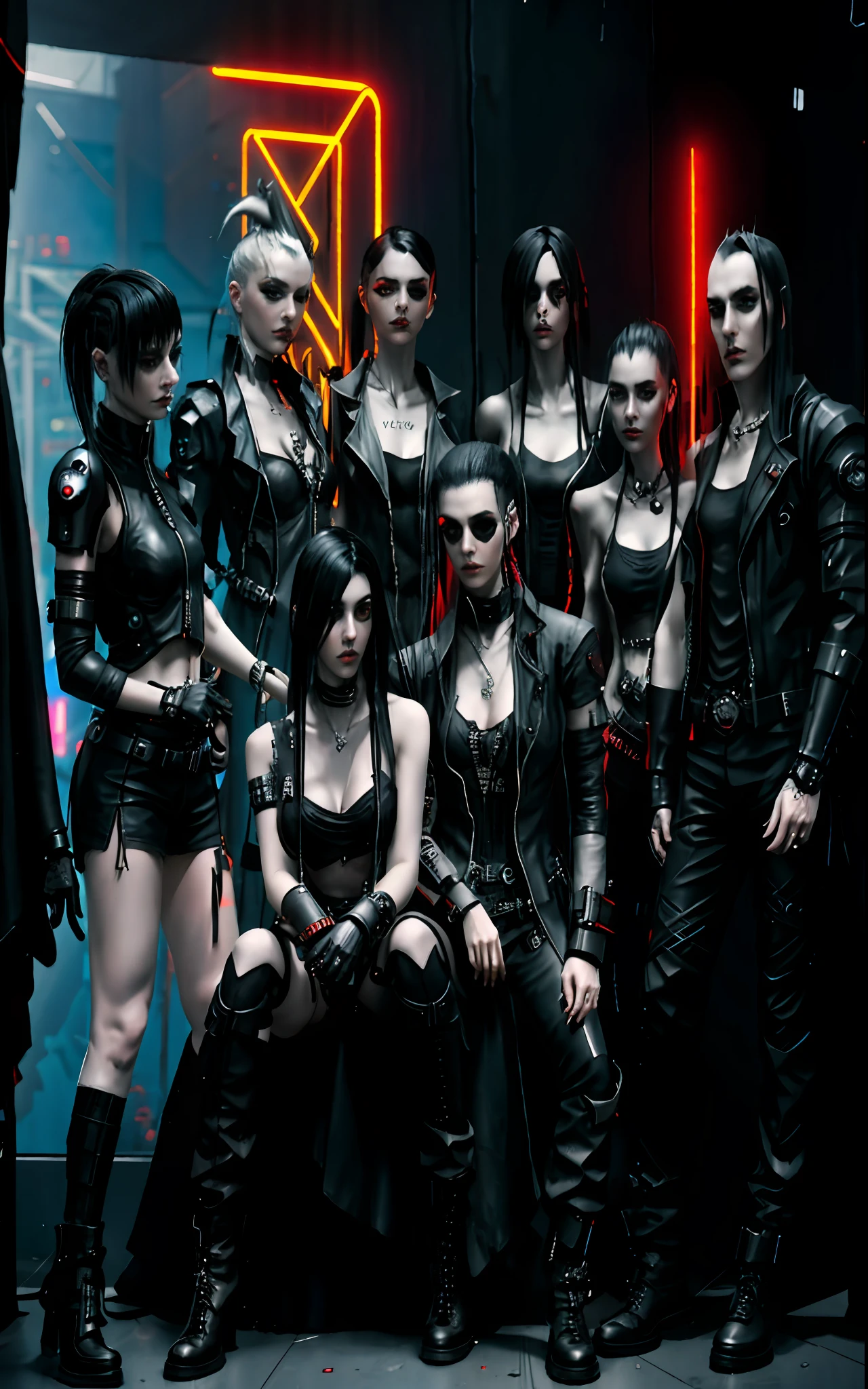 arafed group of people dressed in black leather posing for a picture, seductive cyberpunk dark fantasy, all black cyberpunk clothes, cyberpunk high fashion, cyberpunk women, cyberpunk outfits, cyberpunk fashion clothing, gothic - cyberpunk, cyberpunk fashion clothes, cyberpunk black metal band, cyberpunk clothes, cyberpunk fashion, cyberpunk horror style, cyberpunk techwear, in cyberpunk style