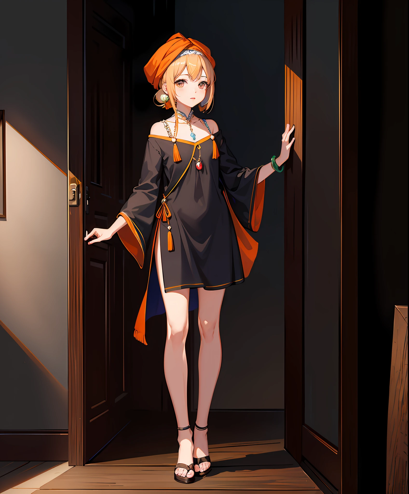 (((masterpiece))),best quality,ultra-detailed,extremely detailed CG unity 8k wallpaper,flat background,((full body)), standing, extremely detailed face and eyes,[young woman,25:1.2,orange turban:1.1],beautiful face,warm and bright light,summer breeze,wide shot