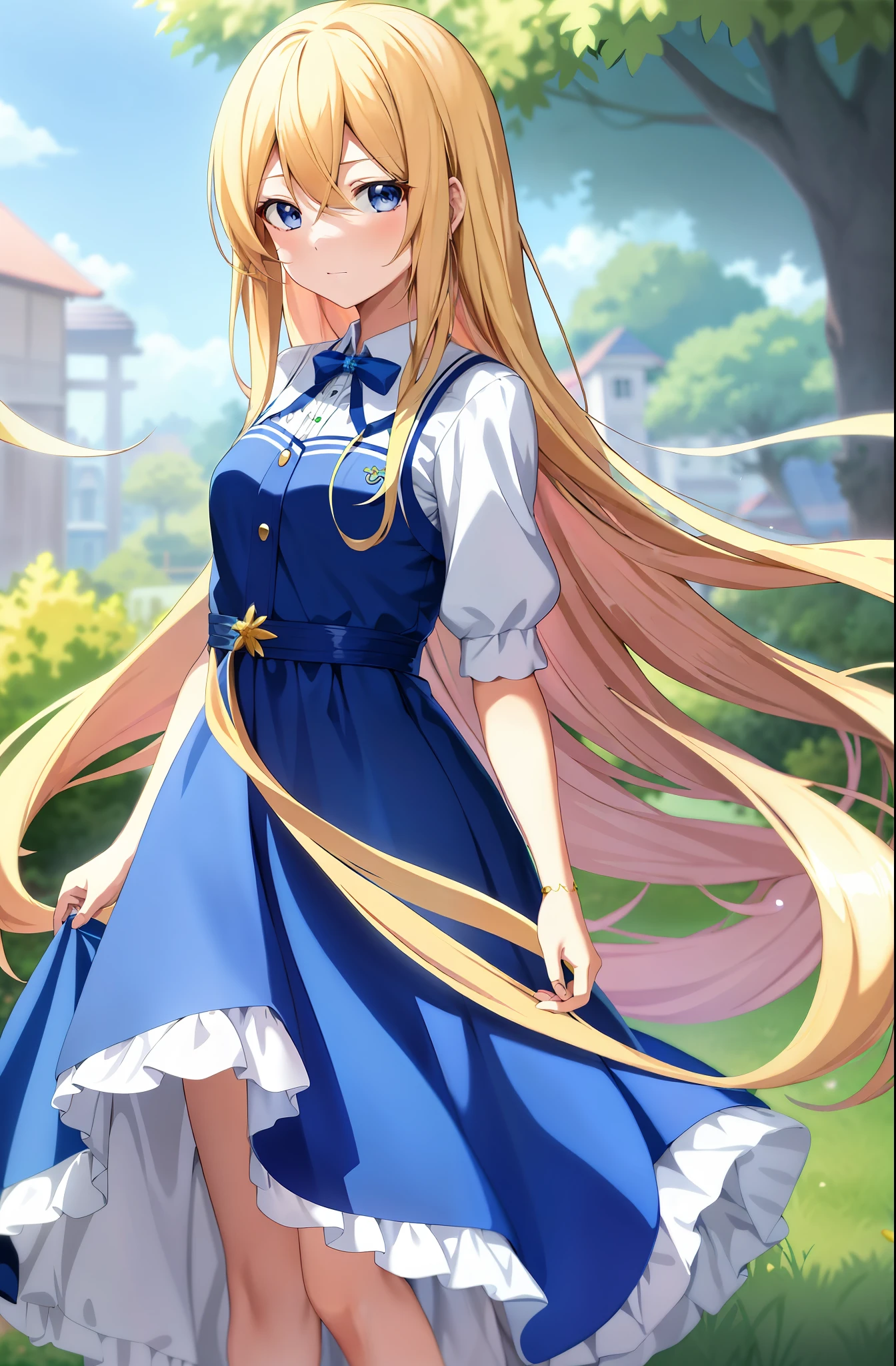 anime girl with long blonde hair in blue dress and white shirt, blonde anime girl with long hair, beautiful anime high school girl, smooth anime cg art, loli in dress, anime girl with long hair, anime visual of a cute girl, cute anime waifu in a nice dress, splash art anime loli, ??????????? loli, anime best girl