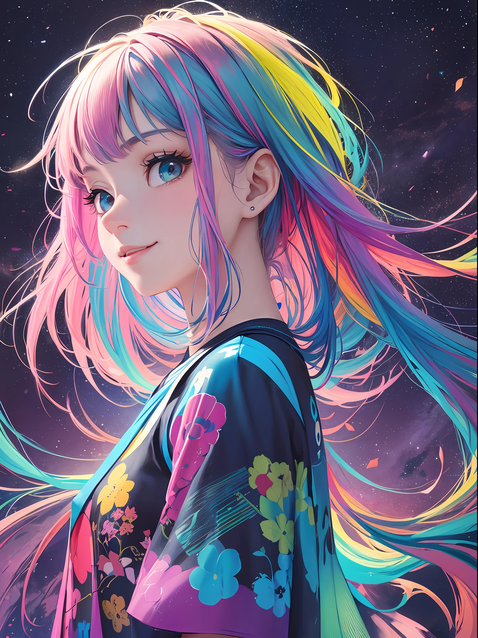 (colorful:1.2), girl, beautiful, (background gravity image:1.2), absurd, flat background, from side, sideways, sharp eyes, smile, (cool:1.1), masterpiece, absurdres