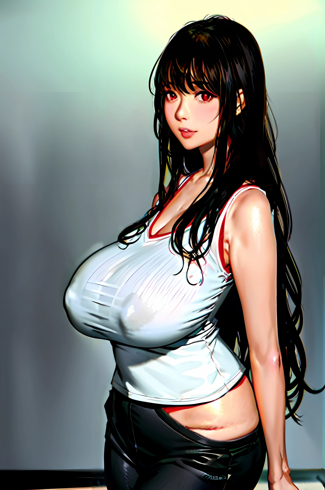 bangs, off-shoulder, Snow-white hair,black pant, breast cleavage, Breasts squeezed together, Grey background, hair between eyes, Gigantic breast, long hair, looks at the viewer, pants, Lips apart, red eyes, School Uniform, simple background, Sleeveless, sleeveless shirt,
